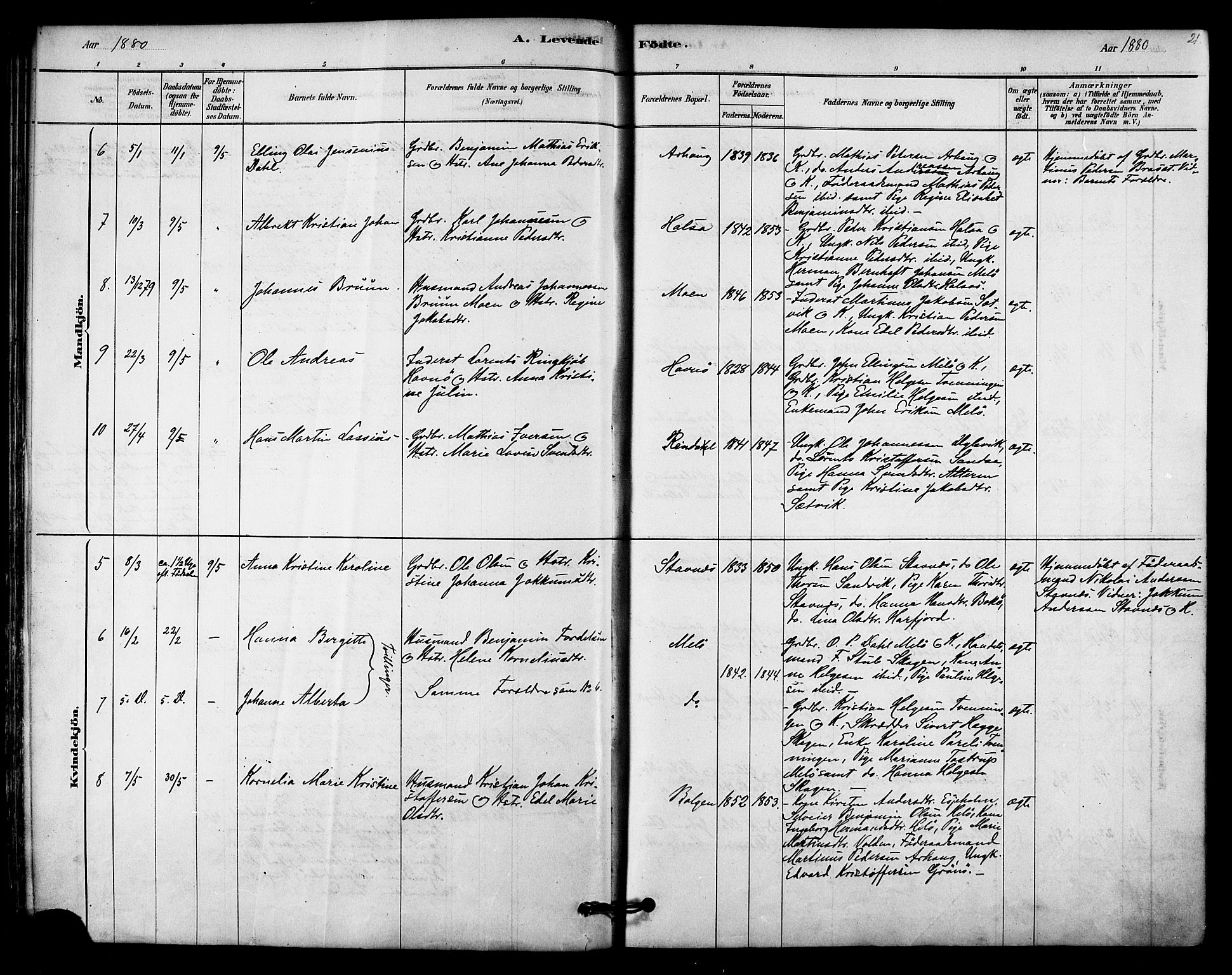 Ministerialprotokoller, klokkerbøker og fødselsregistre - Nordland, AV/SAT-A-1459/843/L0626: Parish register (official) no. 843A01, 1878-1907, p. 21