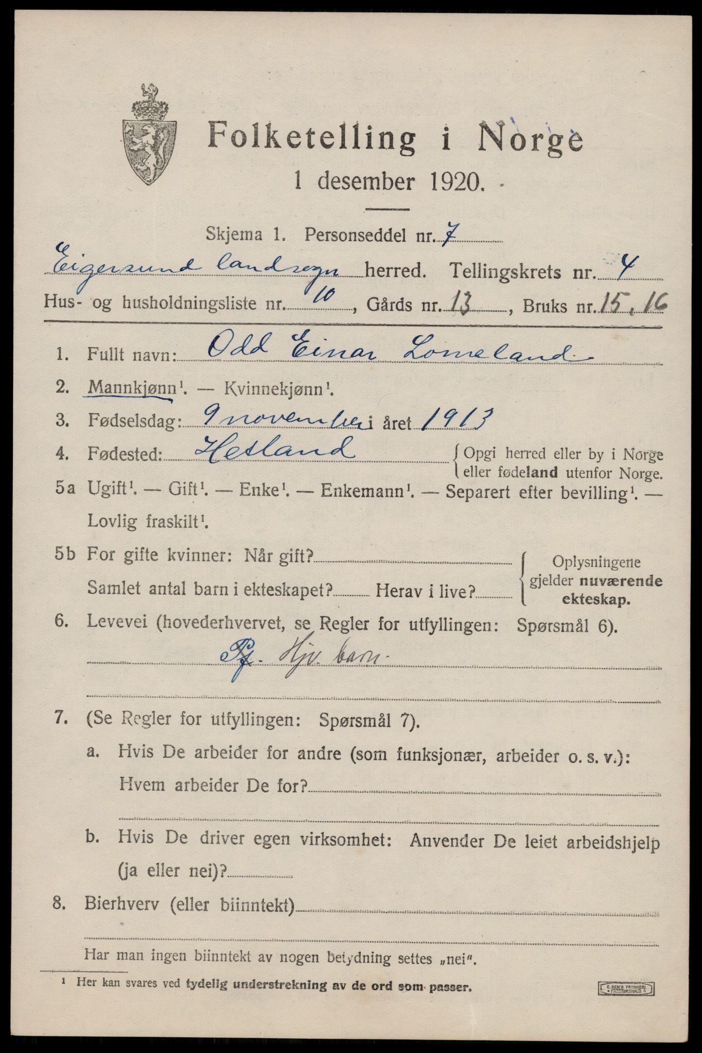 SAST, 1920 census for Eigersund, 1920, p. 2929