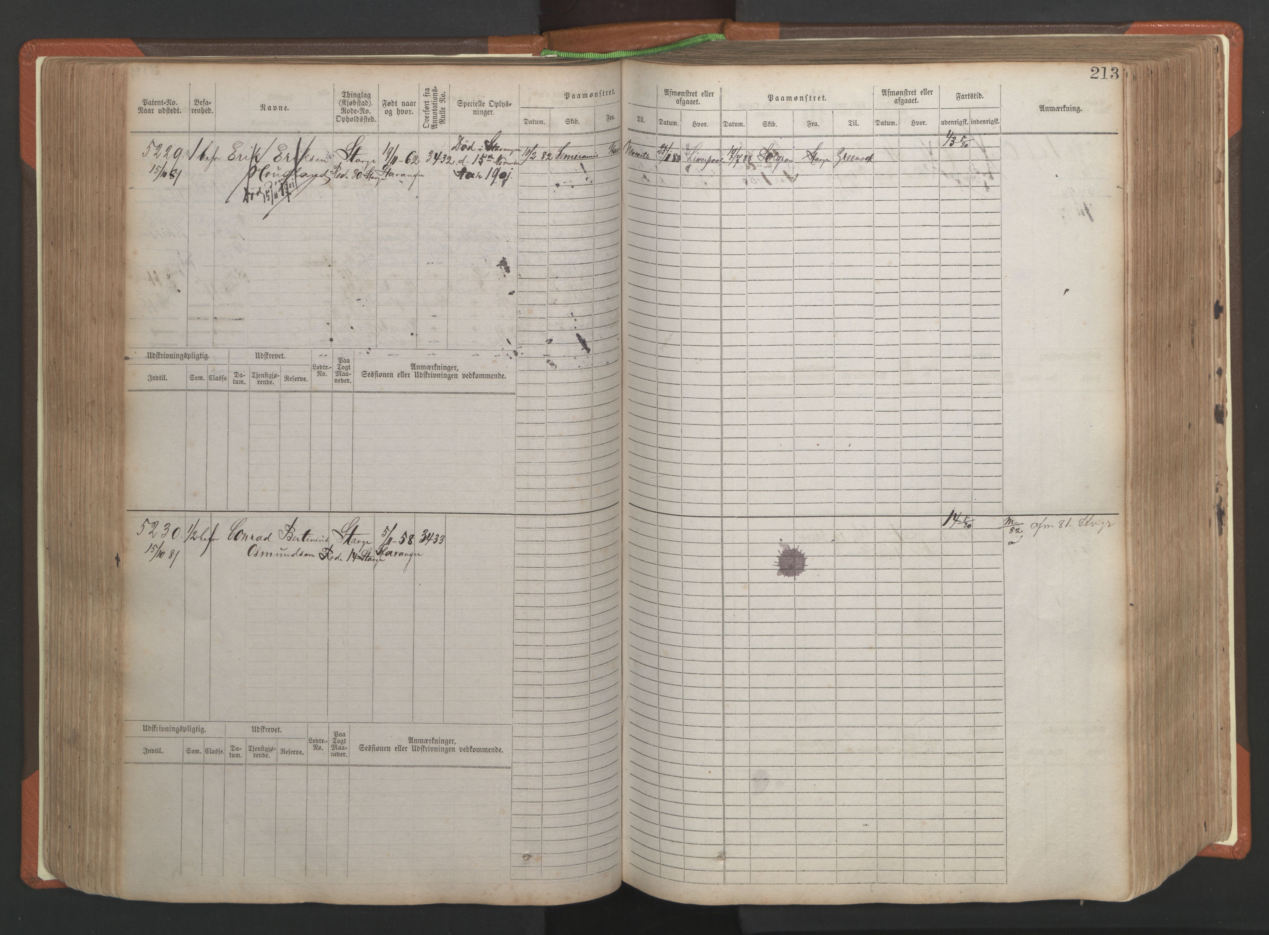 Stavanger sjømannskontor, AV/SAST-A-102006/F/Fb/Fbb/L0009: Sjøfartshovedrulle, patentnr. 4805-6006, 1879-1887, p. 219