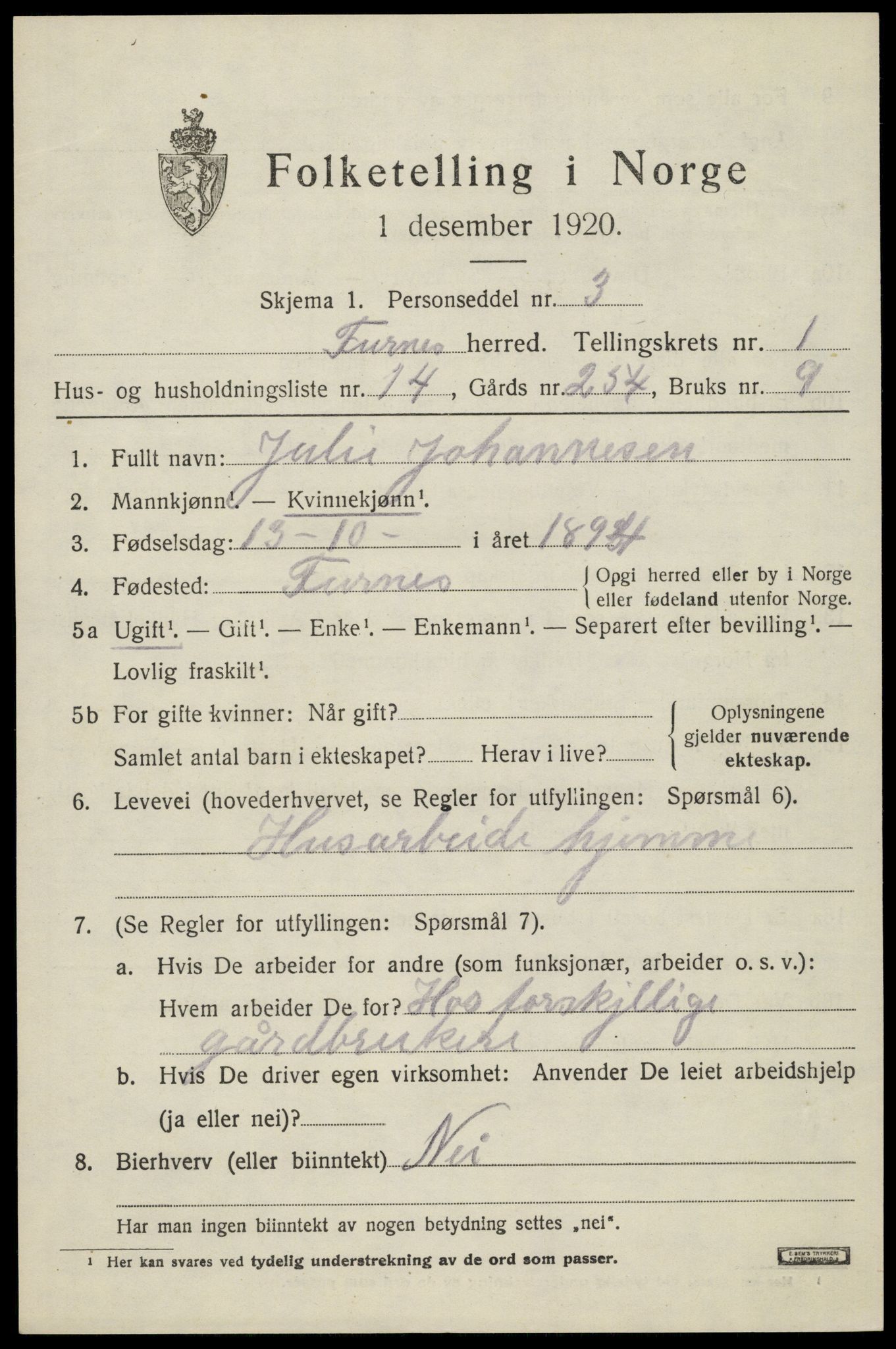 SAH, 1920 census for Furnes, 1920, p. 1801