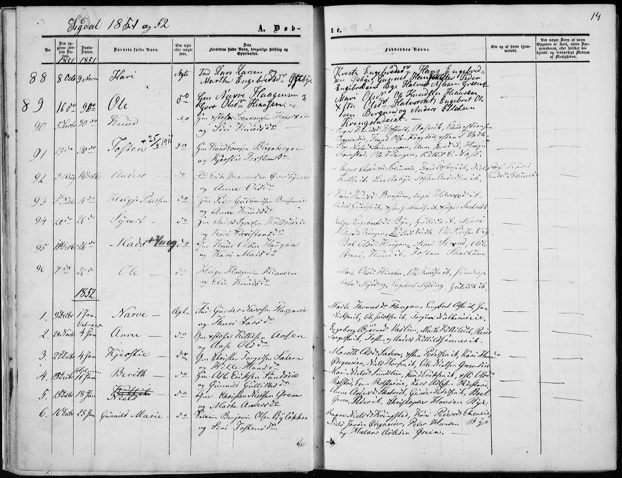 Sigdal kirkebøker, SAKO/A-245/F/Fa/L0008: Parish register (official) no. I 8, 1850-1859, p. 14