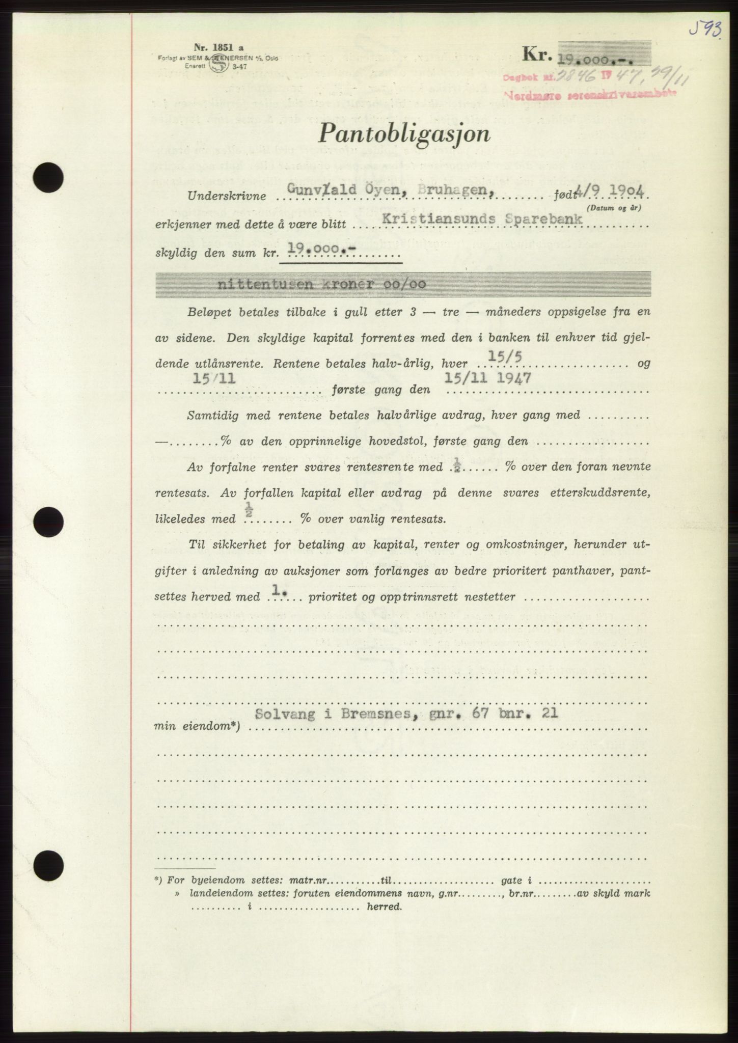 Nordmøre sorenskriveri, AV/SAT-A-4132/1/2/2Ca: Mortgage book no. B97, 1947-1948, Diary no: : 2846/1947