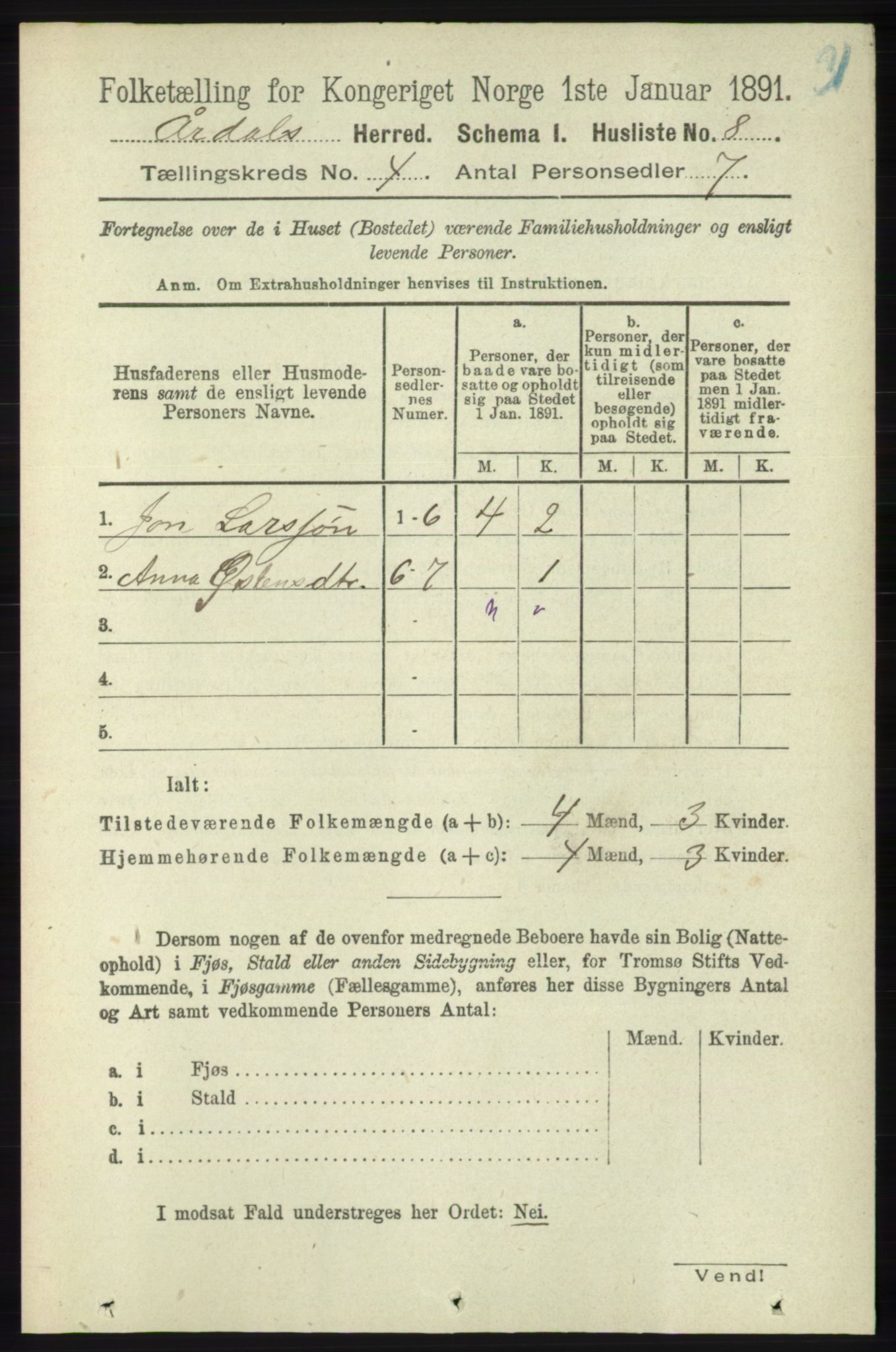 RA, 1891 census for 1131 Årdal, 1891, p. 1078