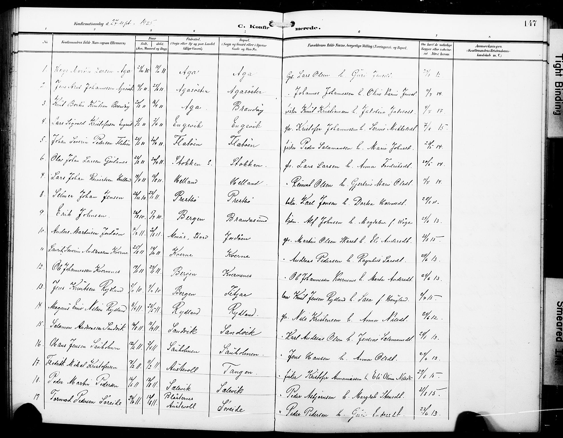 Fitjar sokneprestembete, SAB/A-99926: Parish register (copy) no. B 1, 1906-1928, p. 147