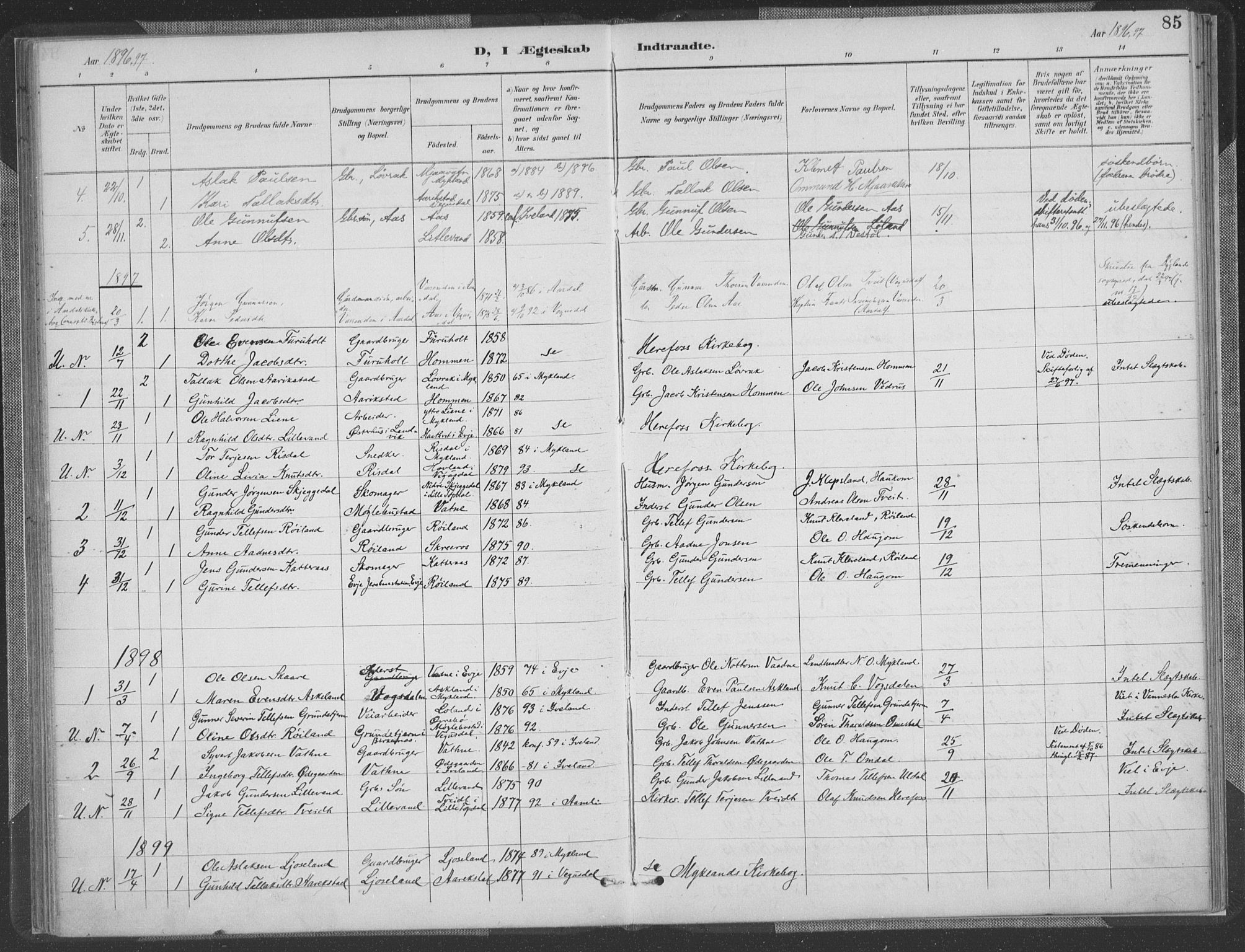 Herefoss sokneprestkontor, AV/SAK-1111-0019/F/Fa/Fab/L0004: Parish register (official) no. A 4, 1887-1909, p. 85