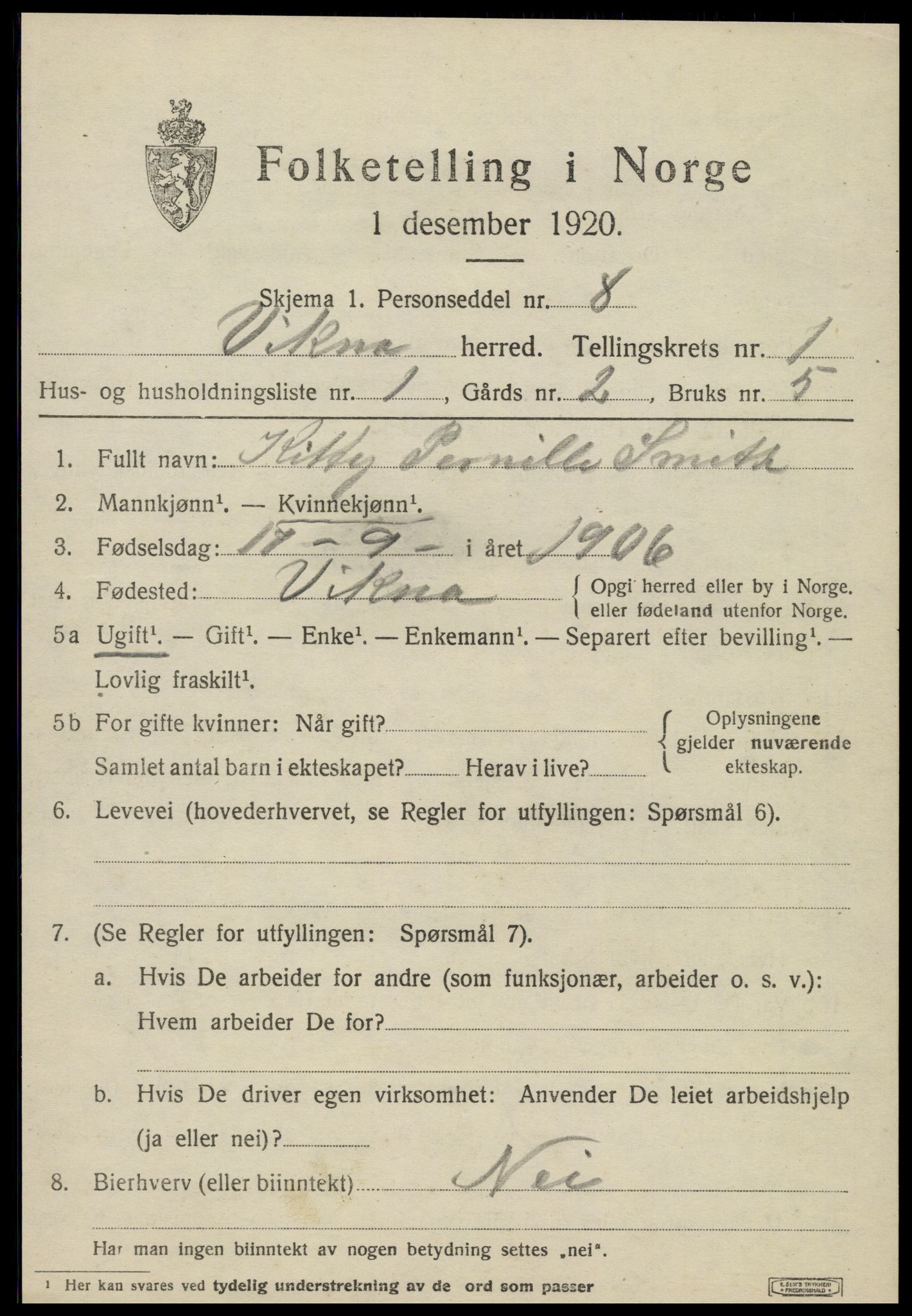 SAT, 1920 census for Vikna, 1920, p. 1157