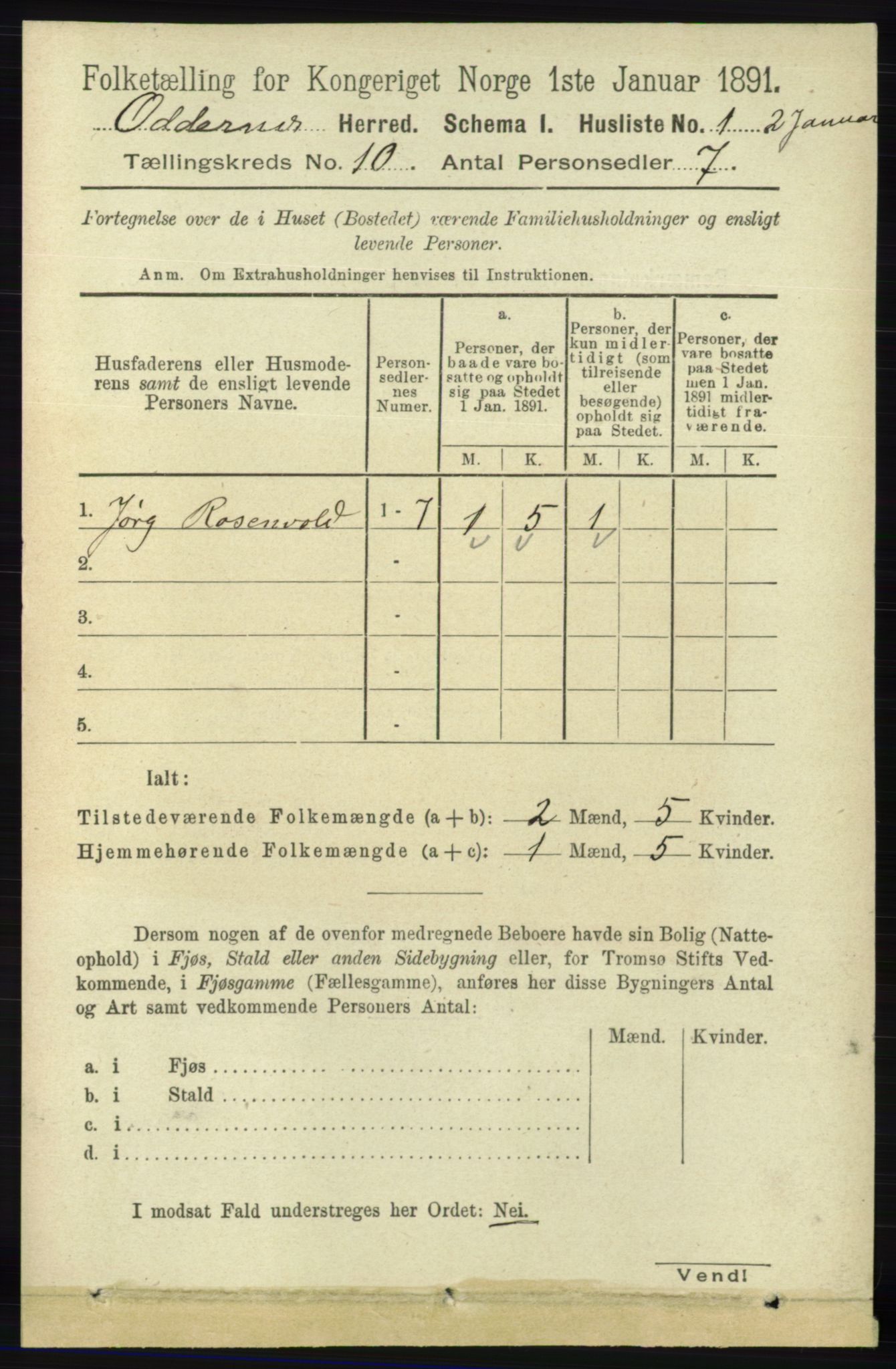 RA, 1891 census for 1012 Oddernes, 1891, p. 3799