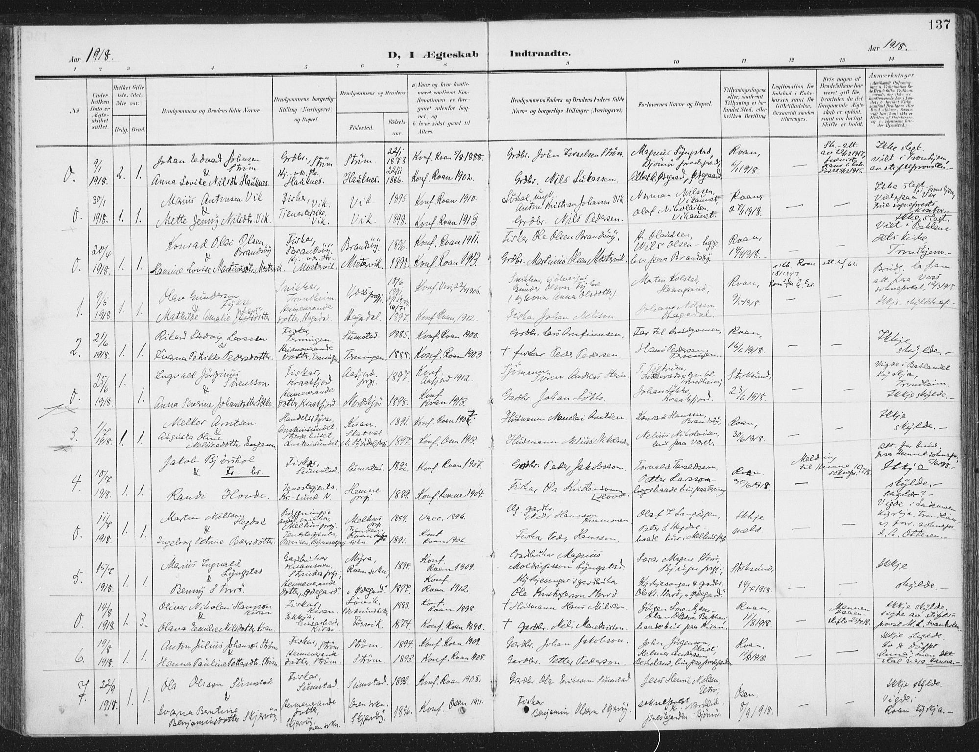 Ministerialprotokoller, klokkerbøker og fødselsregistre - Sør-Trøndelag, SAT/A-1456/657/L0709: Parish register (official) no. 657A10, 1905-1919, p. 137
