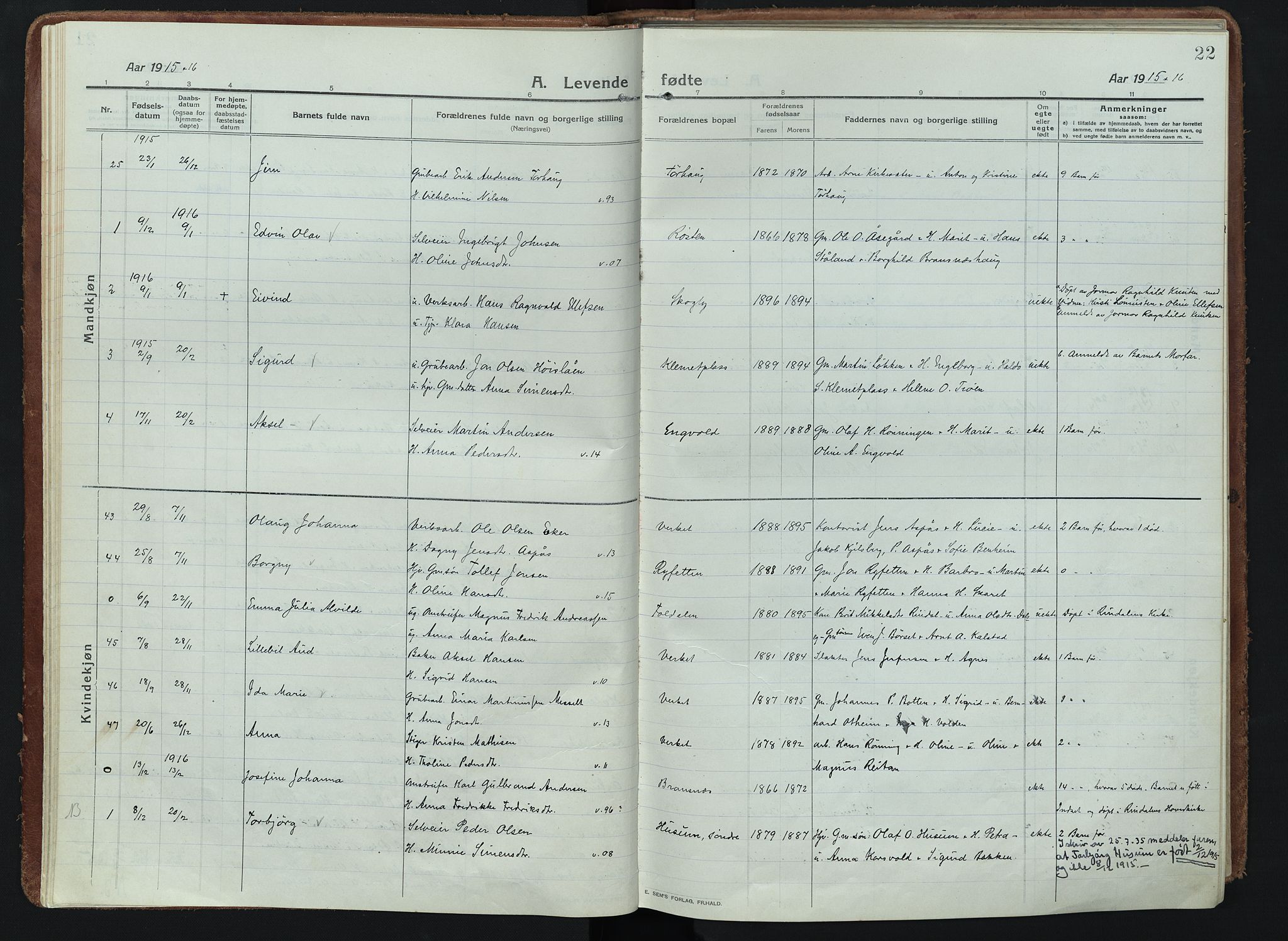 Alvdal prestekontor, SAH/PREST-060/H/Ha/Haa/L0005: Parish register (official) no. 5, 1913-1930, p. 22