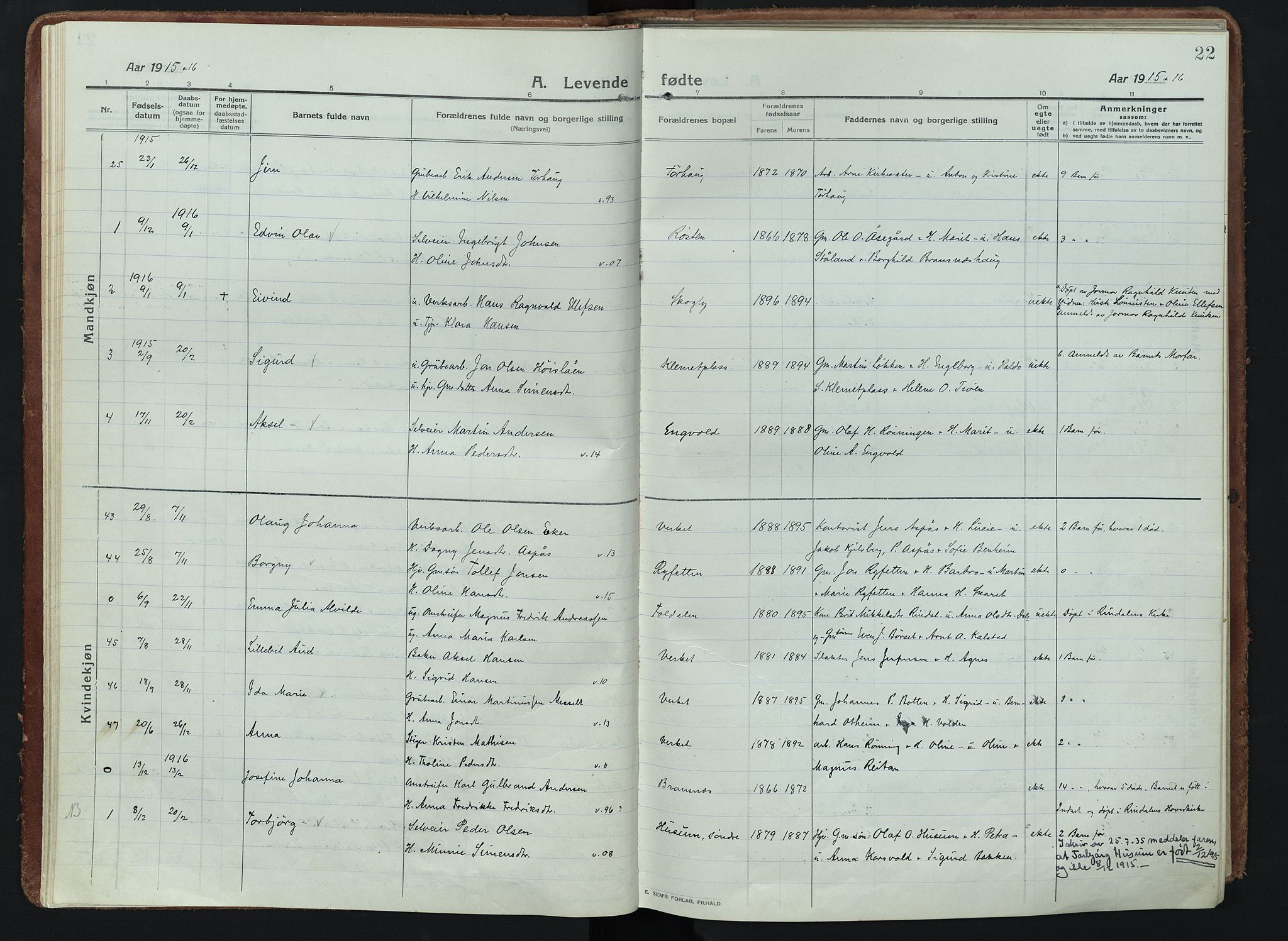 Alvdal prestekontor, AV/SAH-PREST-060/H/Ha/Haa/L0005: Parish register (official) no. 5, 1913-1930, p. 22