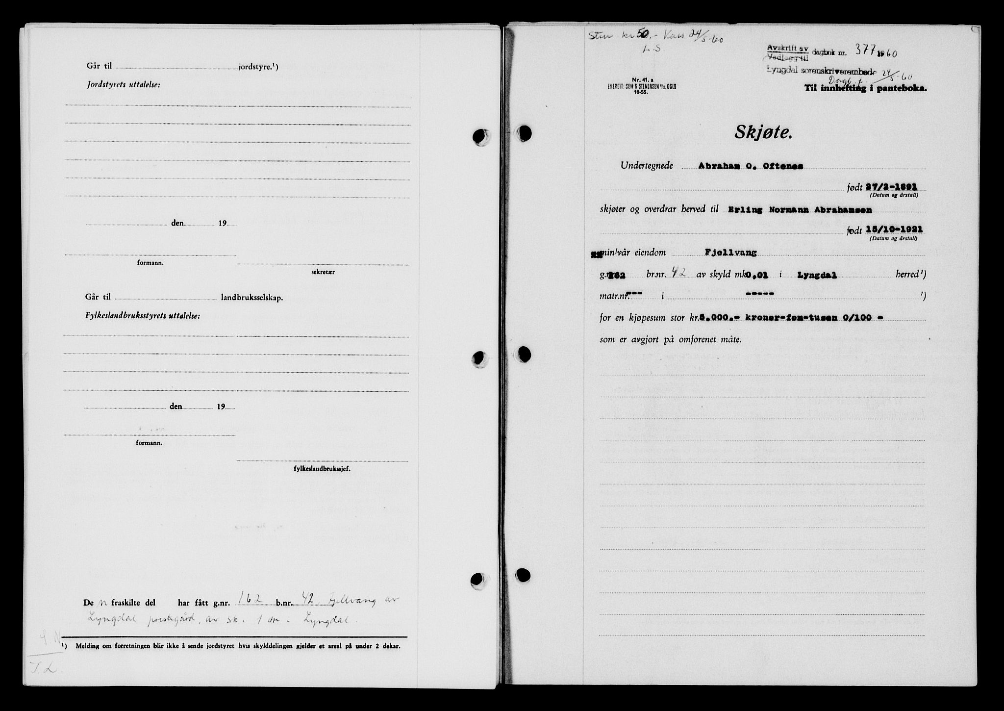 Lyngdal sorenskriveri, AV/SAK-1221-0004/G/Gb/L0679: Mortgage book no. A XXV, 1959-1960, Diary no: : 377/1960