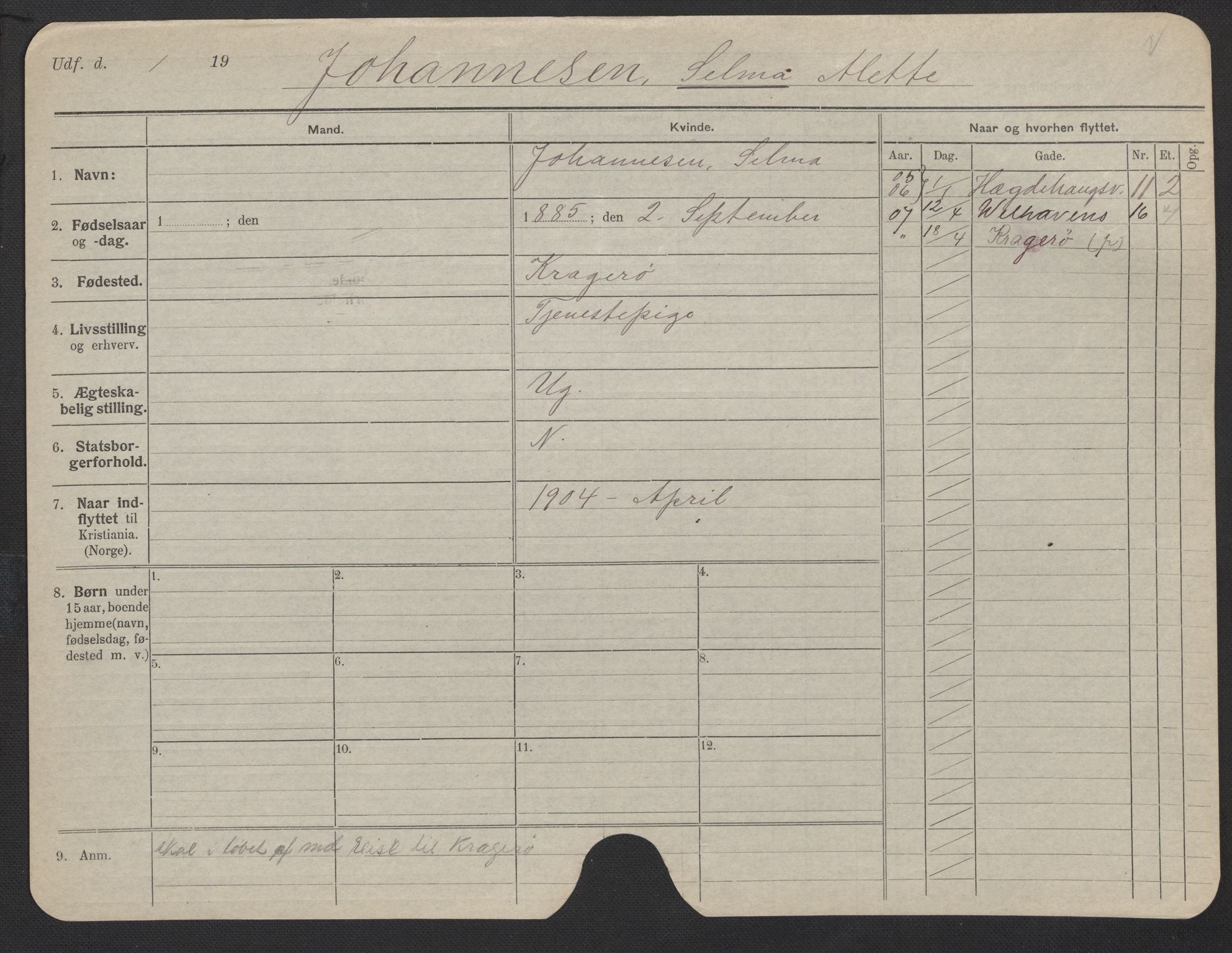 Oslo folkeregister, Registerkort, SAO/A-11715/F/Fa/Fac/L0018: Kvinner, 1906-1914, p. 401a
