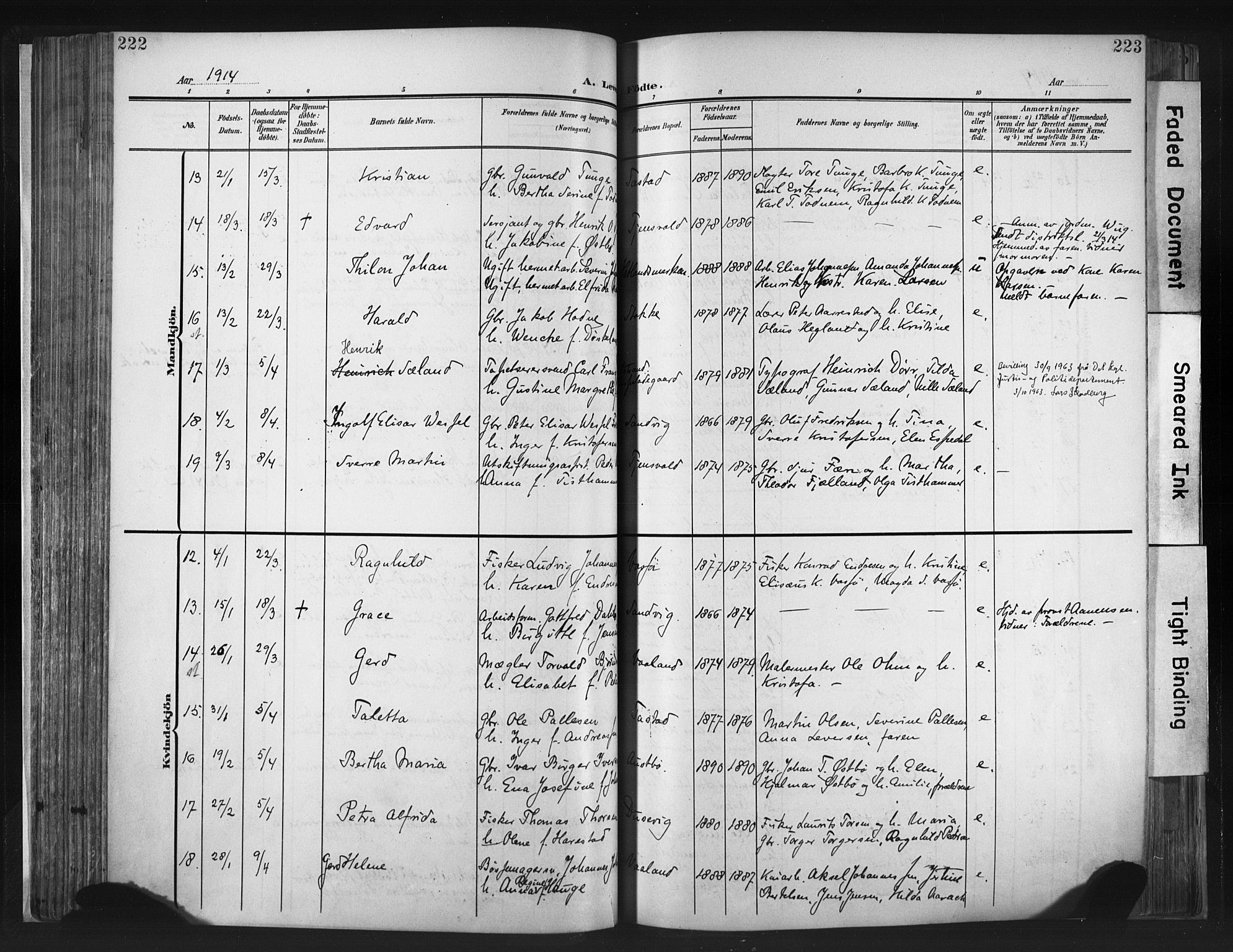 Hetland sokneprestkontor, SAST/A-101826/30/30BA/L0013: Parish register (official) no. A 13, 1904-1918, p. 222-223