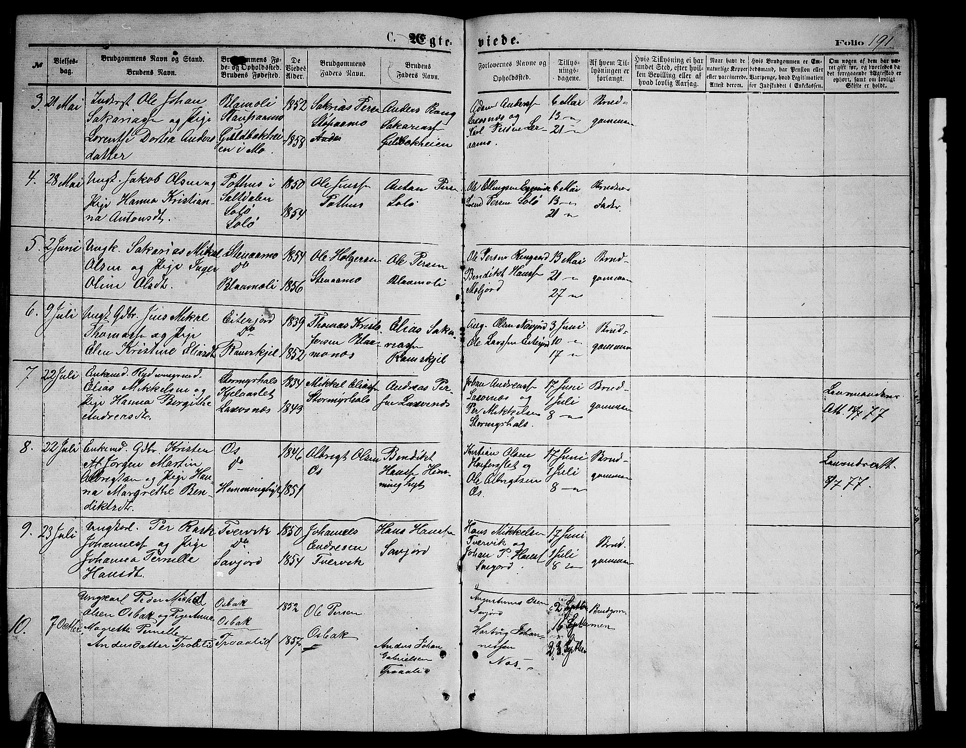 Ministerialprotokoller, klokkerbøker og fødselsregistre - Nordland, AV/SAT-A-1459/846/L0653: Parish register (copy) no. 846C03, 1872-1887, p. 191