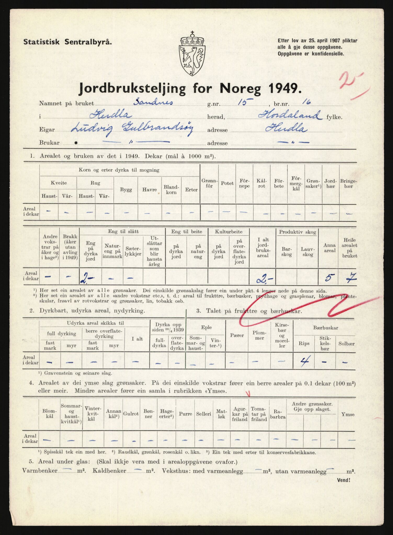 Statistisk sentralbyrå, Næringsøkonomiske emner, Jordbruk, skogbruk, jakt, fiske og fangst, AV/RA-S-2234/G/Gc/L0276: Hordaland: Herdla og Hjelme, 1949, p. 66