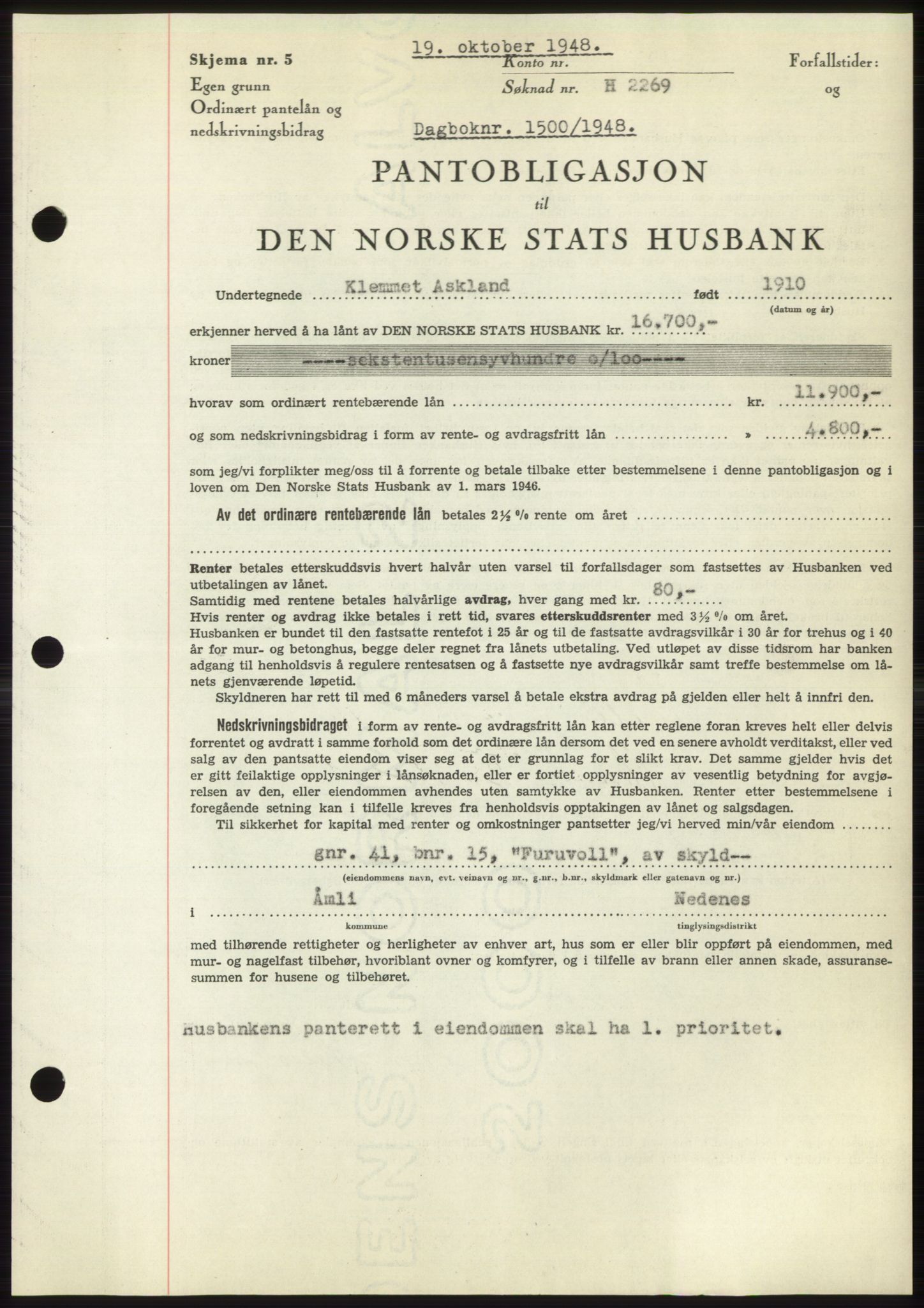 Nedenes sorenskriveri, AV/SAK-1221-0006/G/Gb/Gbb/L0005: Mortgage book no. B5, 1948-1948, Diary no: : 1500/1948