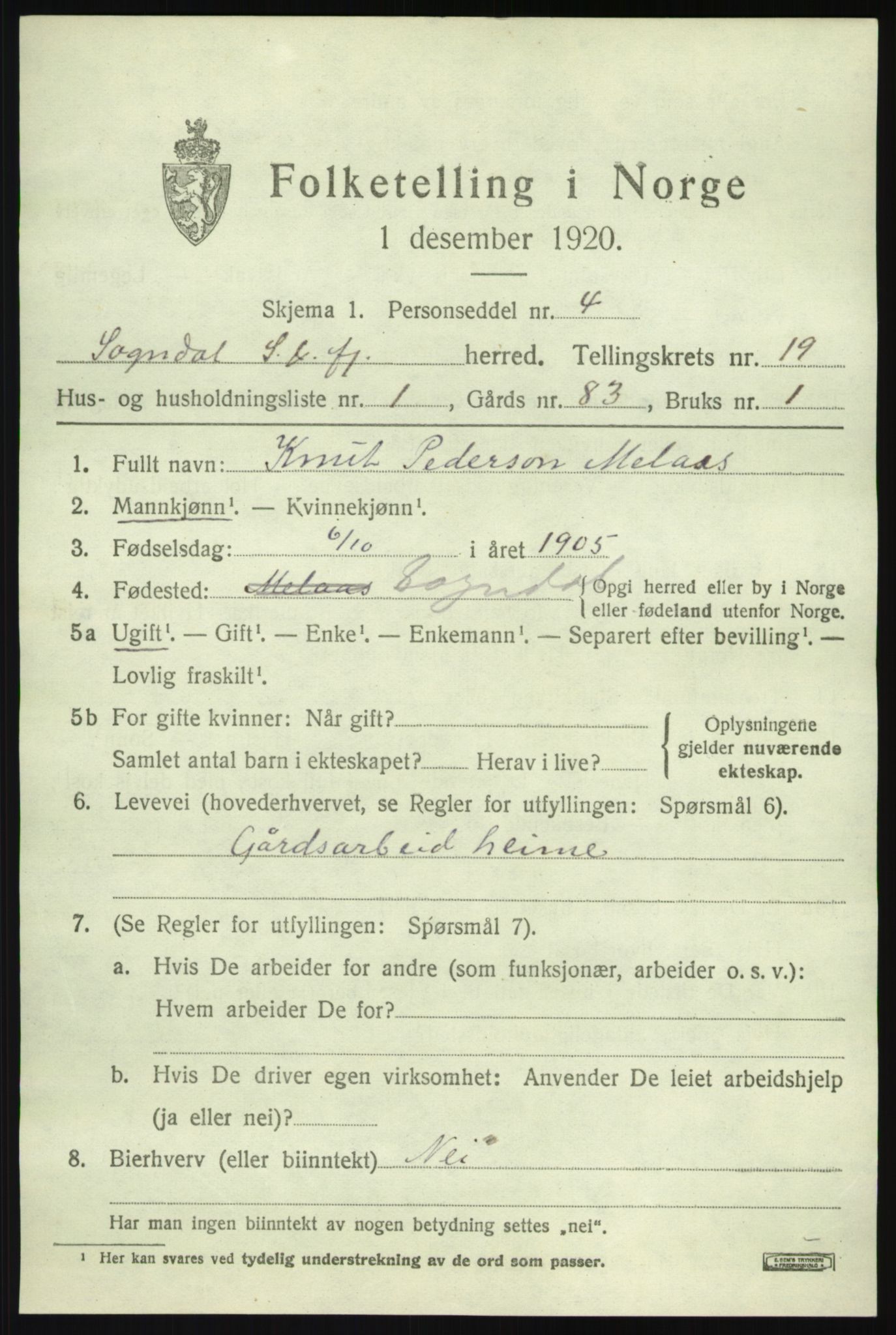 SAB, 1920 census for Sogndal, 1920, p. 7079