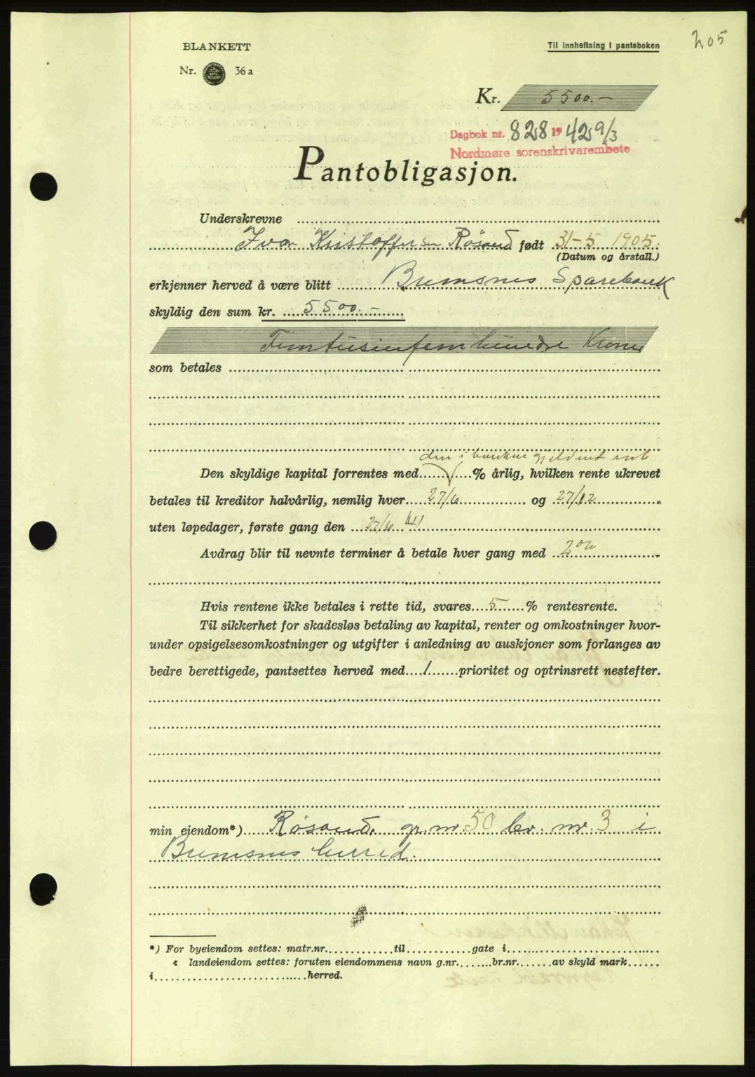 Nordmøre sorenskriveri, AV/SAT-A-4132/1/2/2Ca: Mortgage book no. B89, 1942-1942, Diary no: : 828/1942