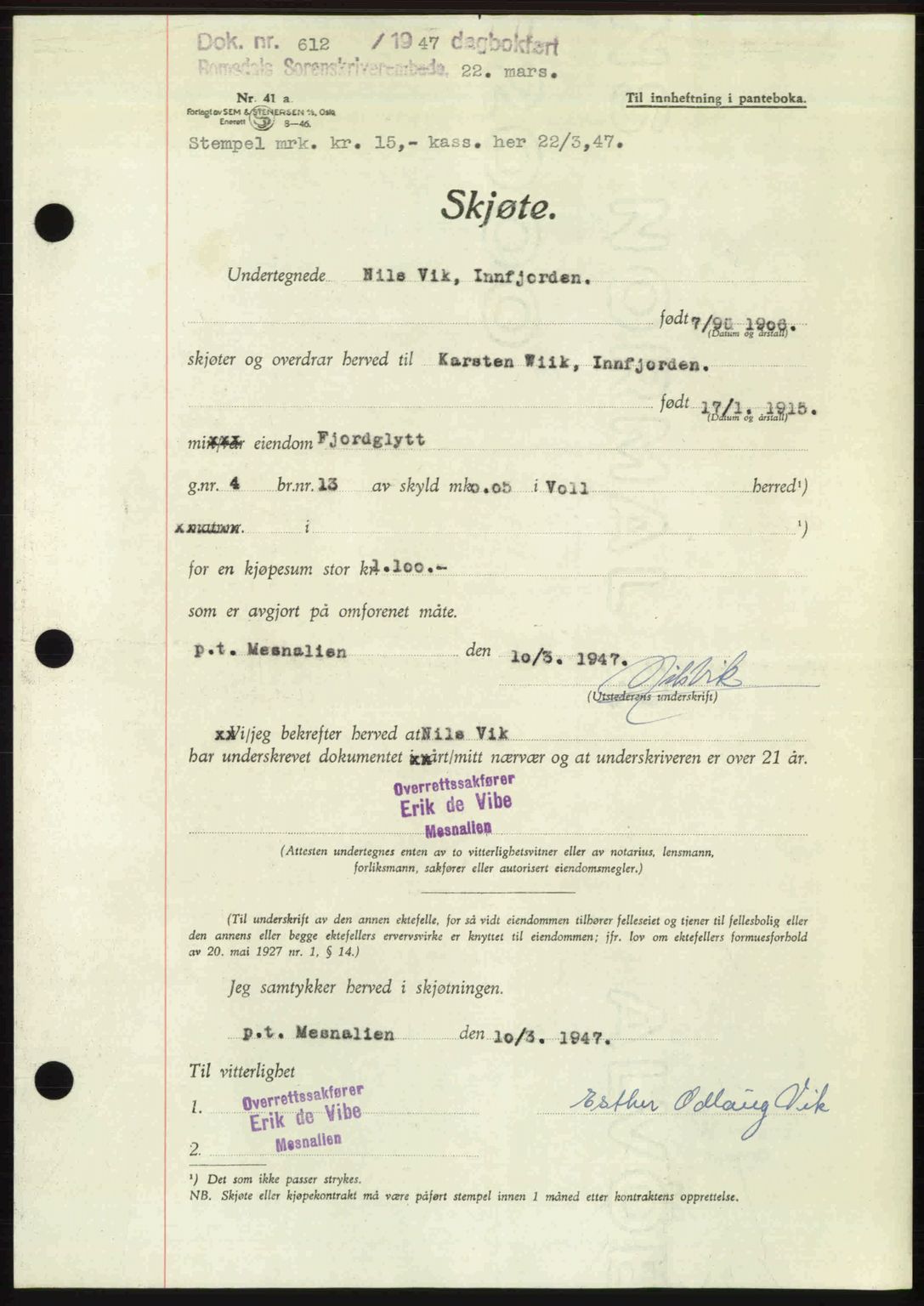 Romsdal sorenskriveri, SAT/A-4149/1/2/2C: Mortgage book no. A22, 1947-1947, Diary no: : 612/1947