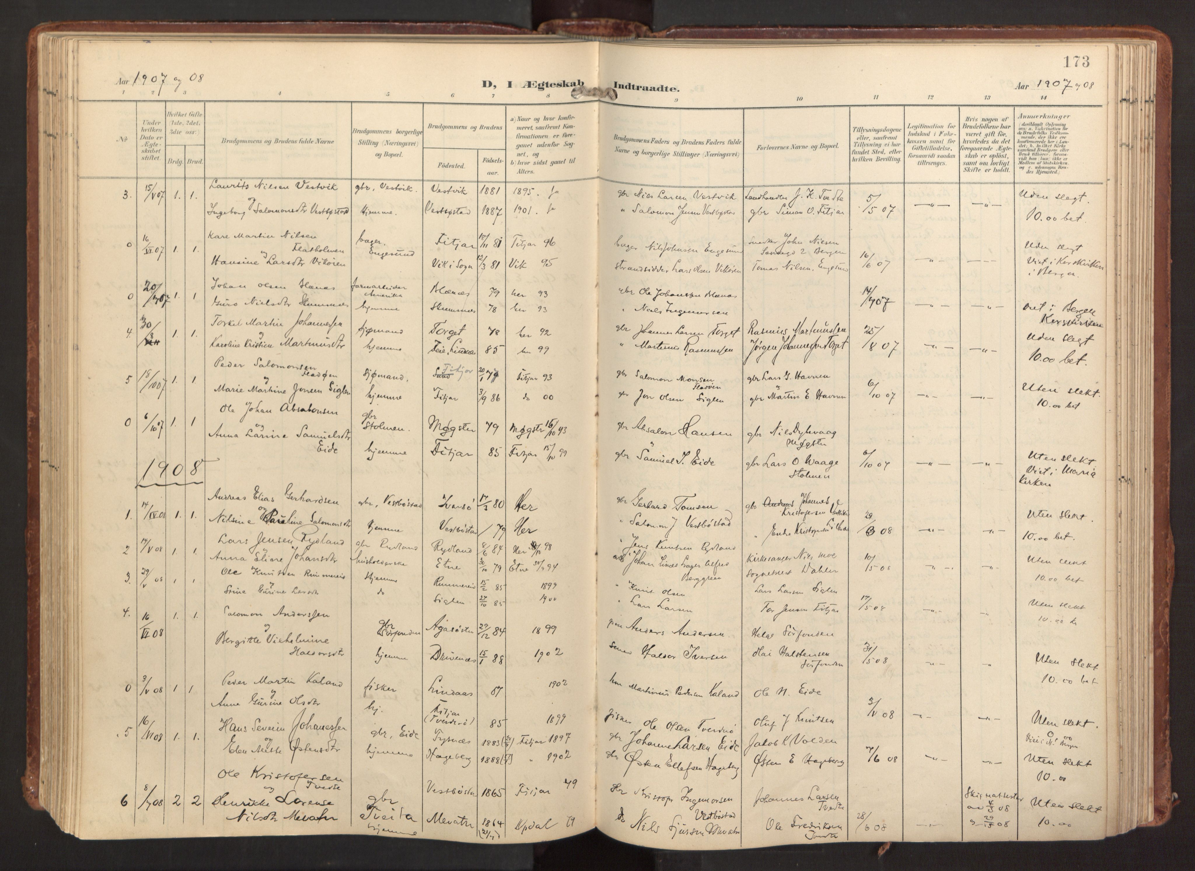 Fitjar sokneprestembete, SAB/A-99926: Parish register (official) no. A 3, 1900-1918, p. 173
