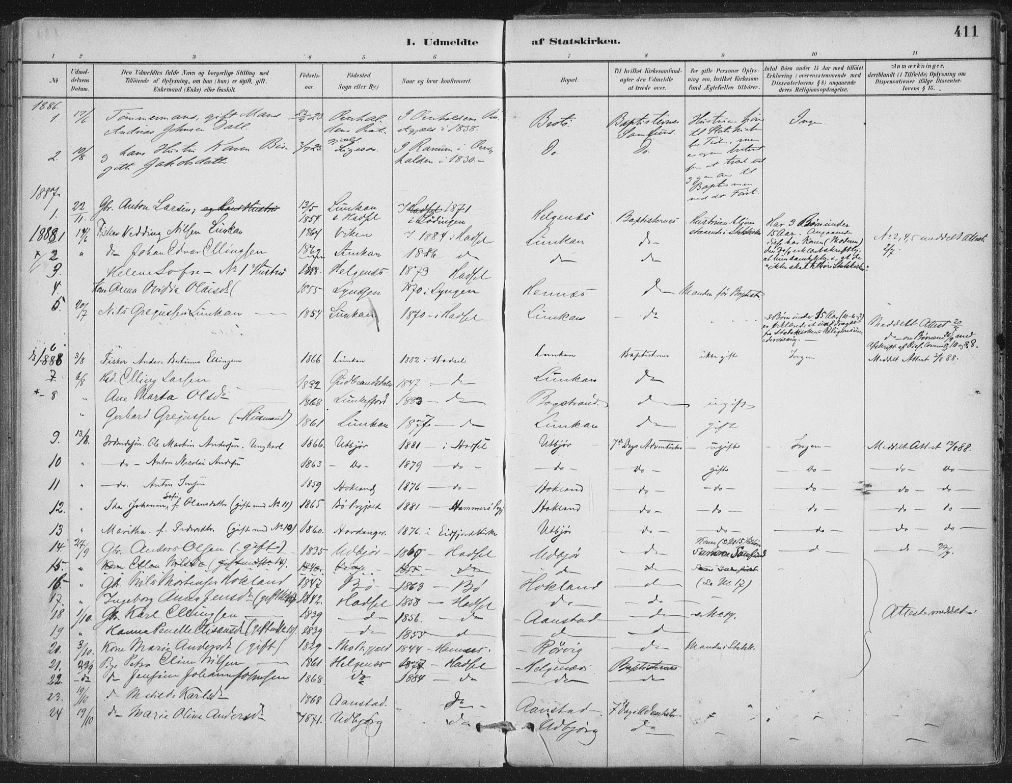 Ministerialprotokoller, klokkerbøker og fødselsregistre - Nordland, SAT/A-1459/888/L1244: Parish register (official) no. 888A10, 1880-1890, p. 411