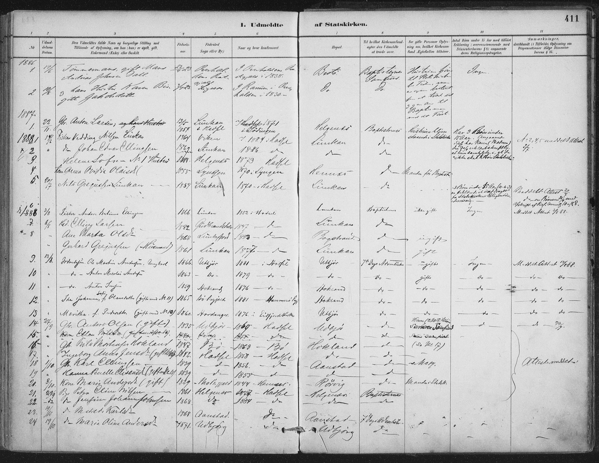 Ministerialprotokoller, klokkerbøker og fødselsregistre - Nordland, AV/SAT-A-1459/888/L1244: Parish register (official) no. 888A10, 1880-1890, p. 411