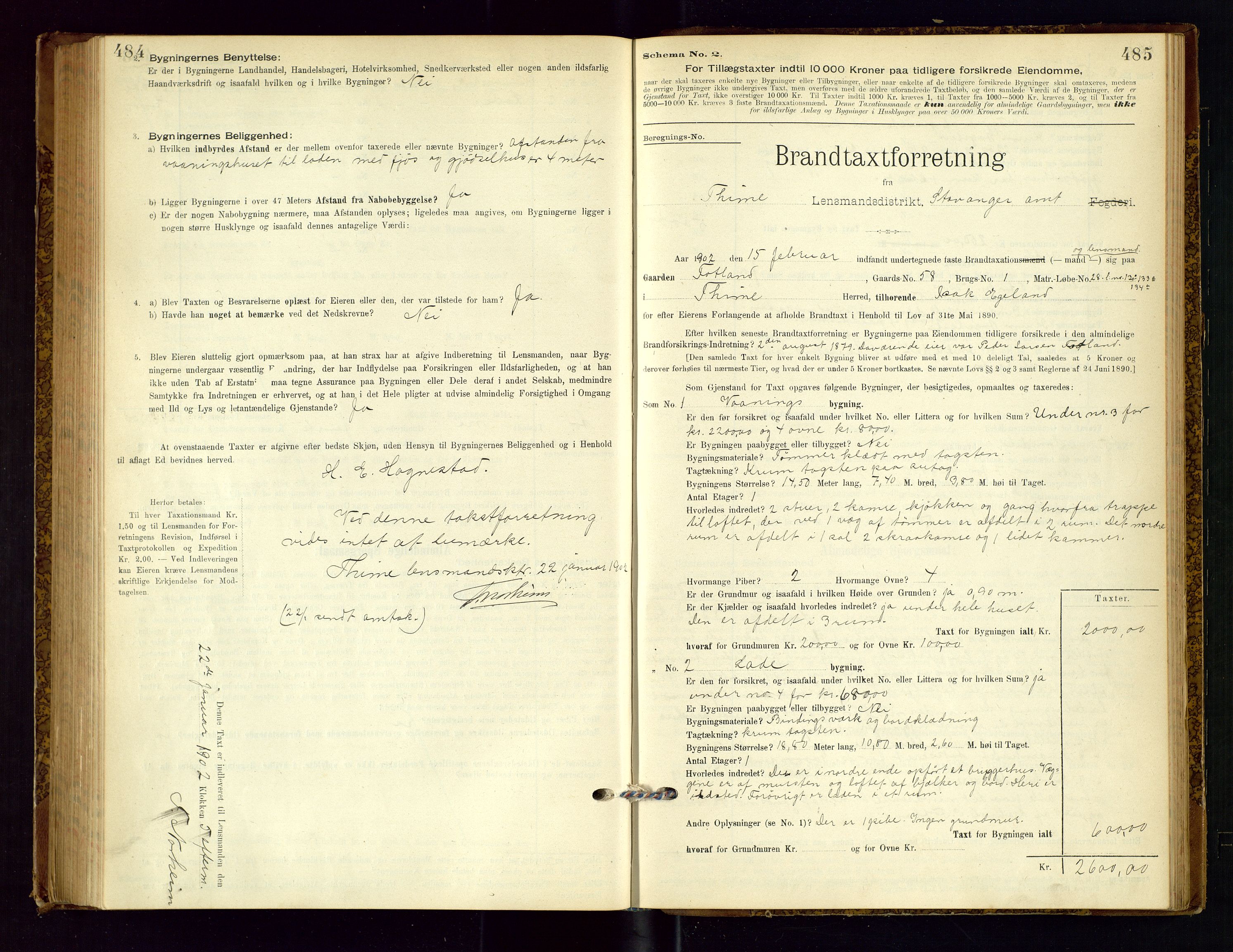Time lensmannskontor, SAST/A-100420/Gob/L0001: Branntakstprotokoll, 1896-1914, p. 484-485