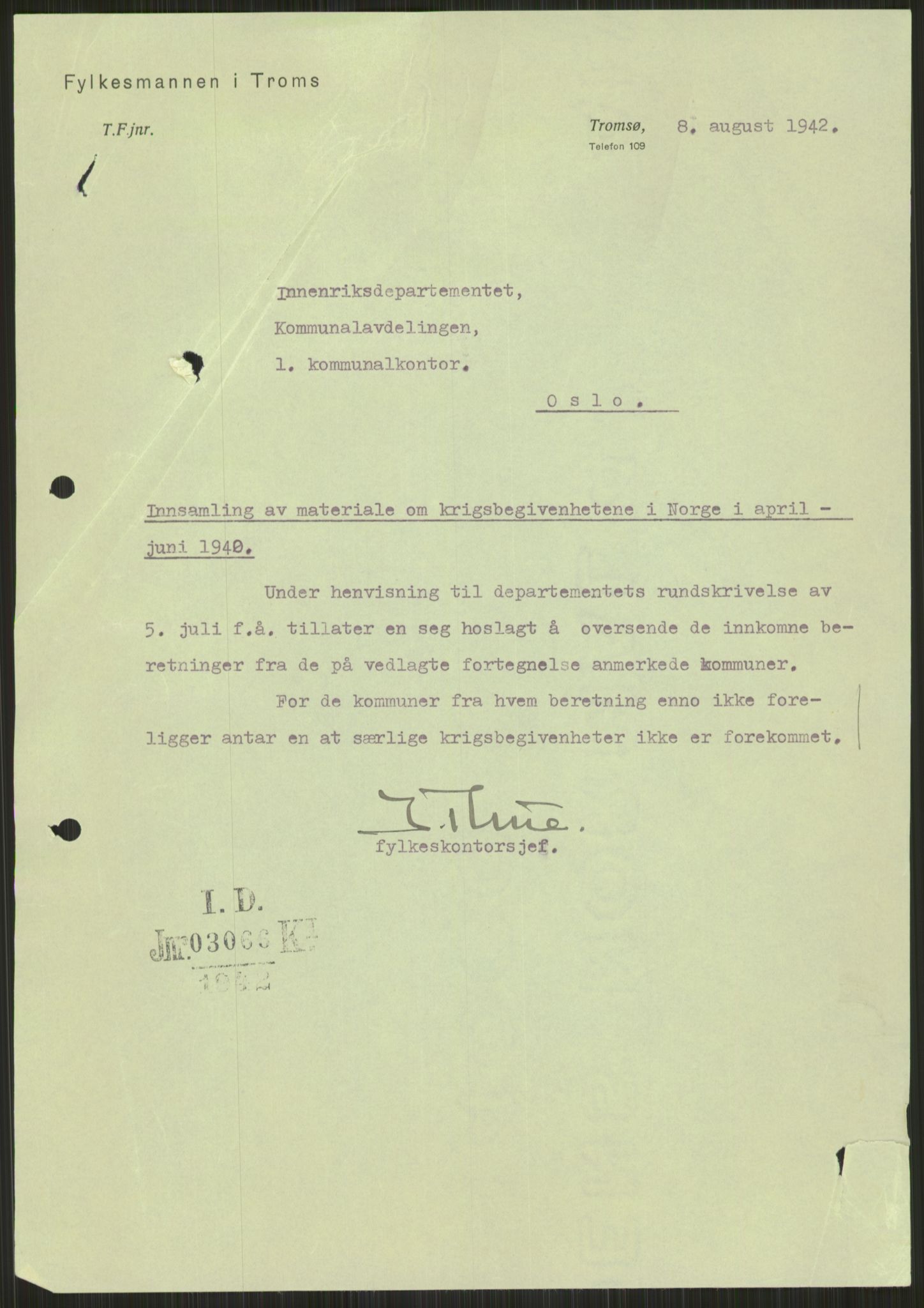 Forsvaret, Forsvarets krigshistoriske avdeling, AV/RA-RAFA-2017/Y/Ya/L0017: II-C-11-31 - Fylkesmenn.  Rapporter om krigsbegivenhetene 1940., 1940, p. 601