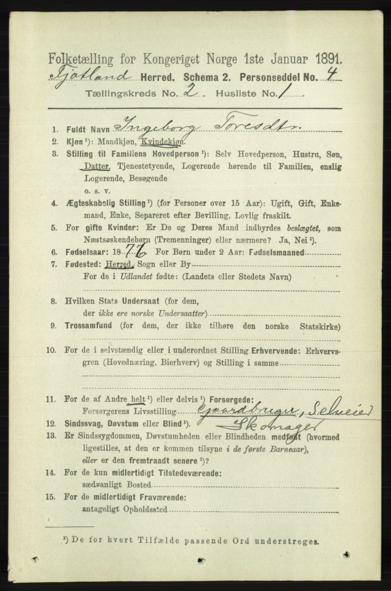 RA, 1891 census for 1036 Fjotland, 1891, p. 239