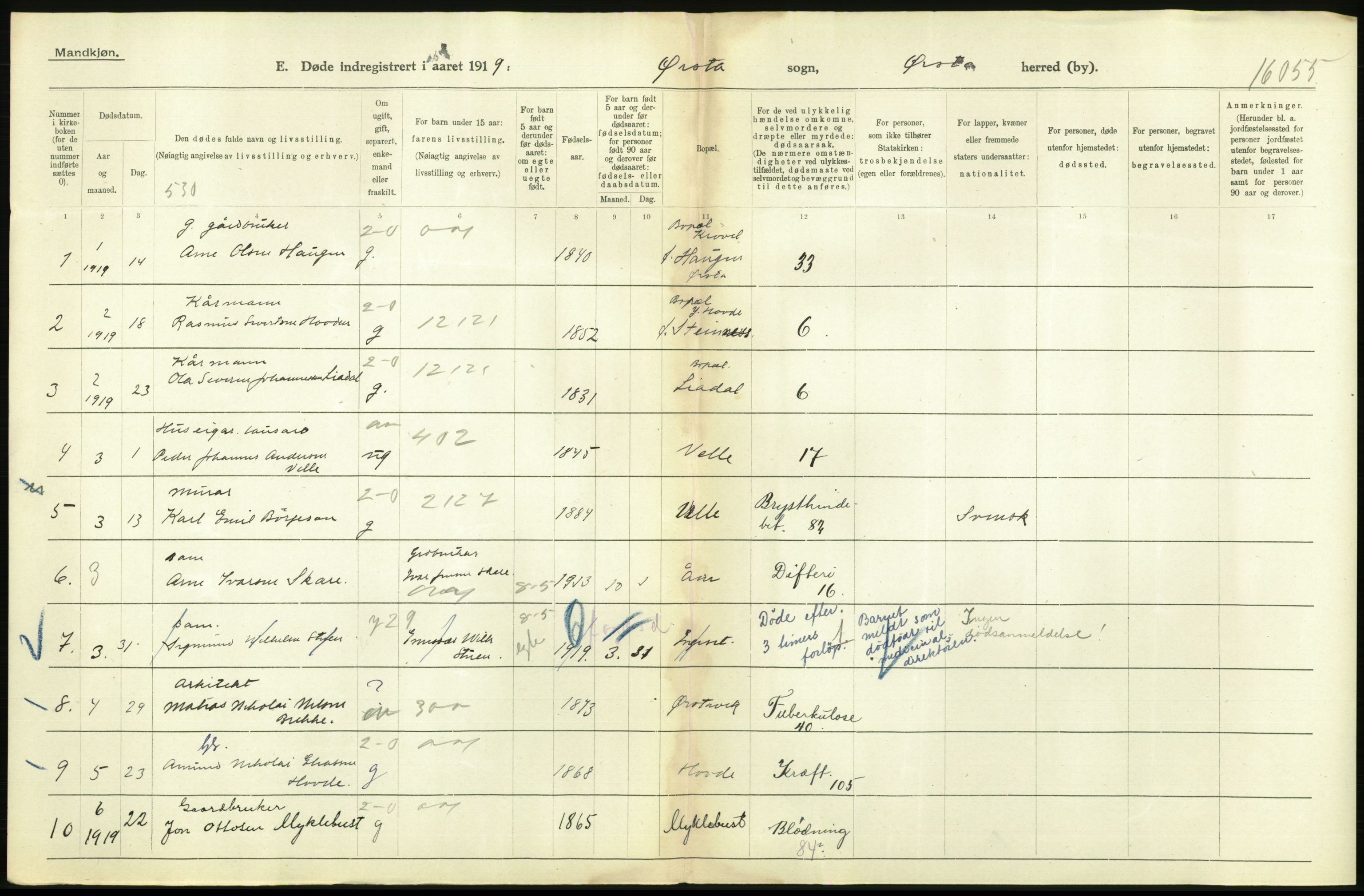 Statistisk sentralbyrå, Sosiodemografiske emner, Befolkning, AV/RA-S-2228/D/Df/Dfb/Dfbi/L0042: Møre fylke: Døde. Bygder og byer., 1919, p. 38