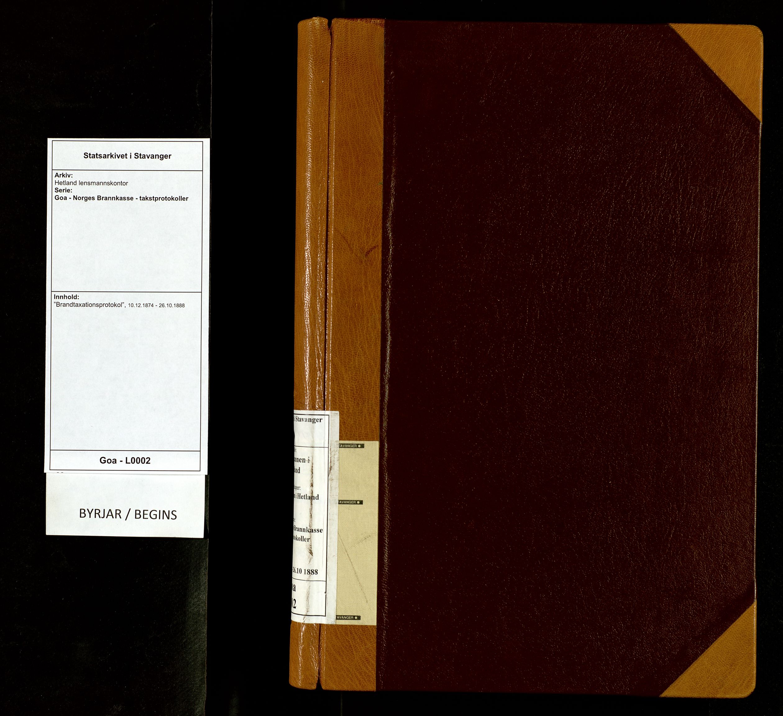 Hetland lensmannskontor, AV/SAST-A-100101/Goa/L0002: "Brandtaxationsprotokol", 1874-1888