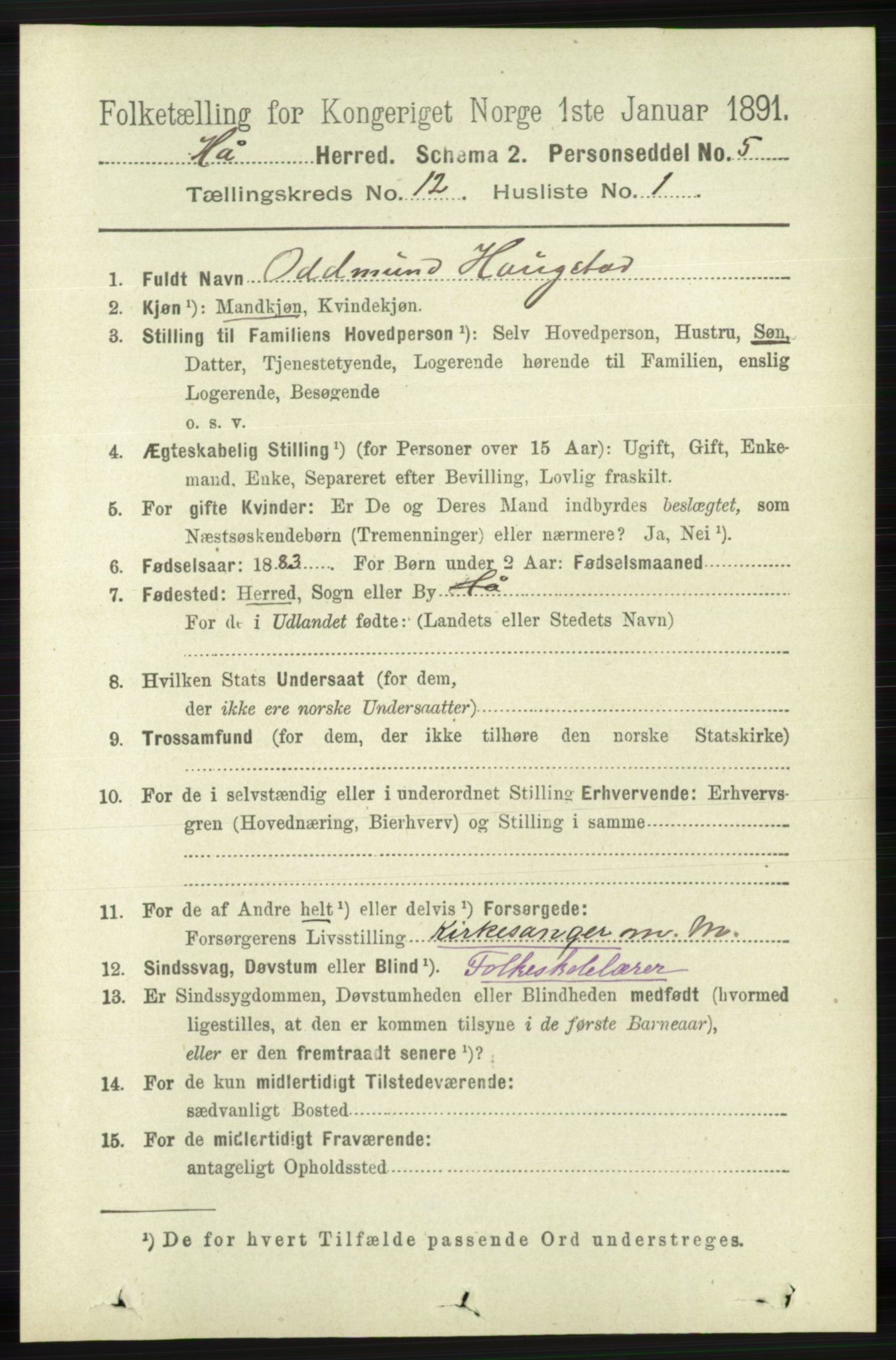 RA, 1891 census for 1119 Hå, 1891, p. 2887