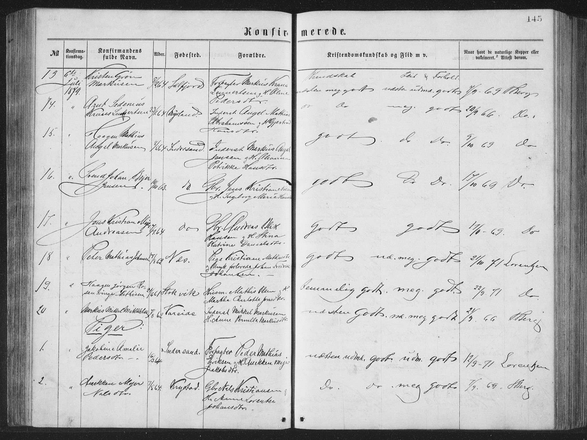 Ministerialprotokoller, klokkerbøker og fødselsregistre - Nordland, SAT/A-1459/885/L1213: Parish register (copy) no. 885C02, 1874-1892, p. 145