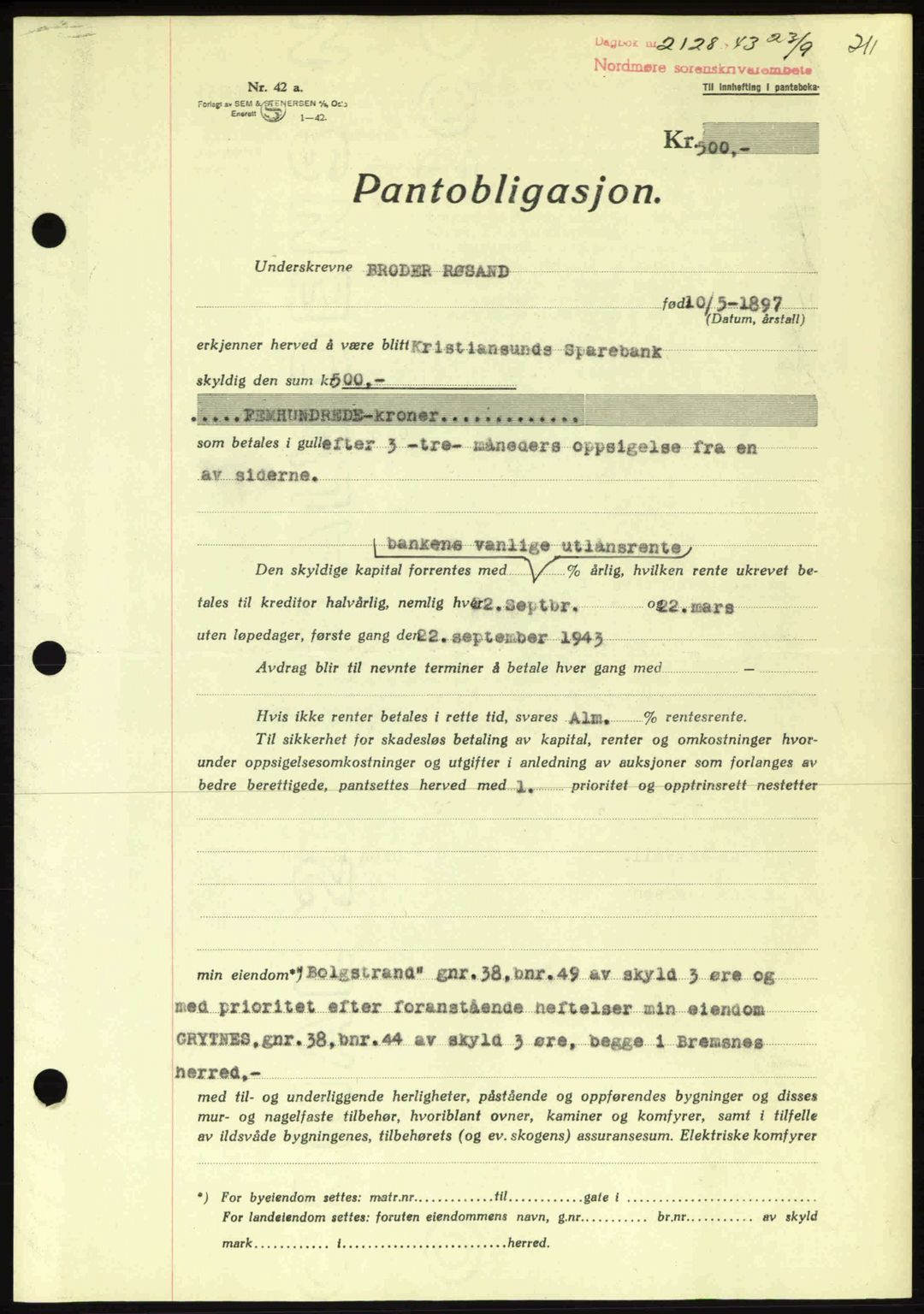 Nordmøre sorenskriveri, AV/SAT-A-4132/1/2/2Ca: Mortgage book no. B91, 1943-1944, Diary no: : 2128/1943