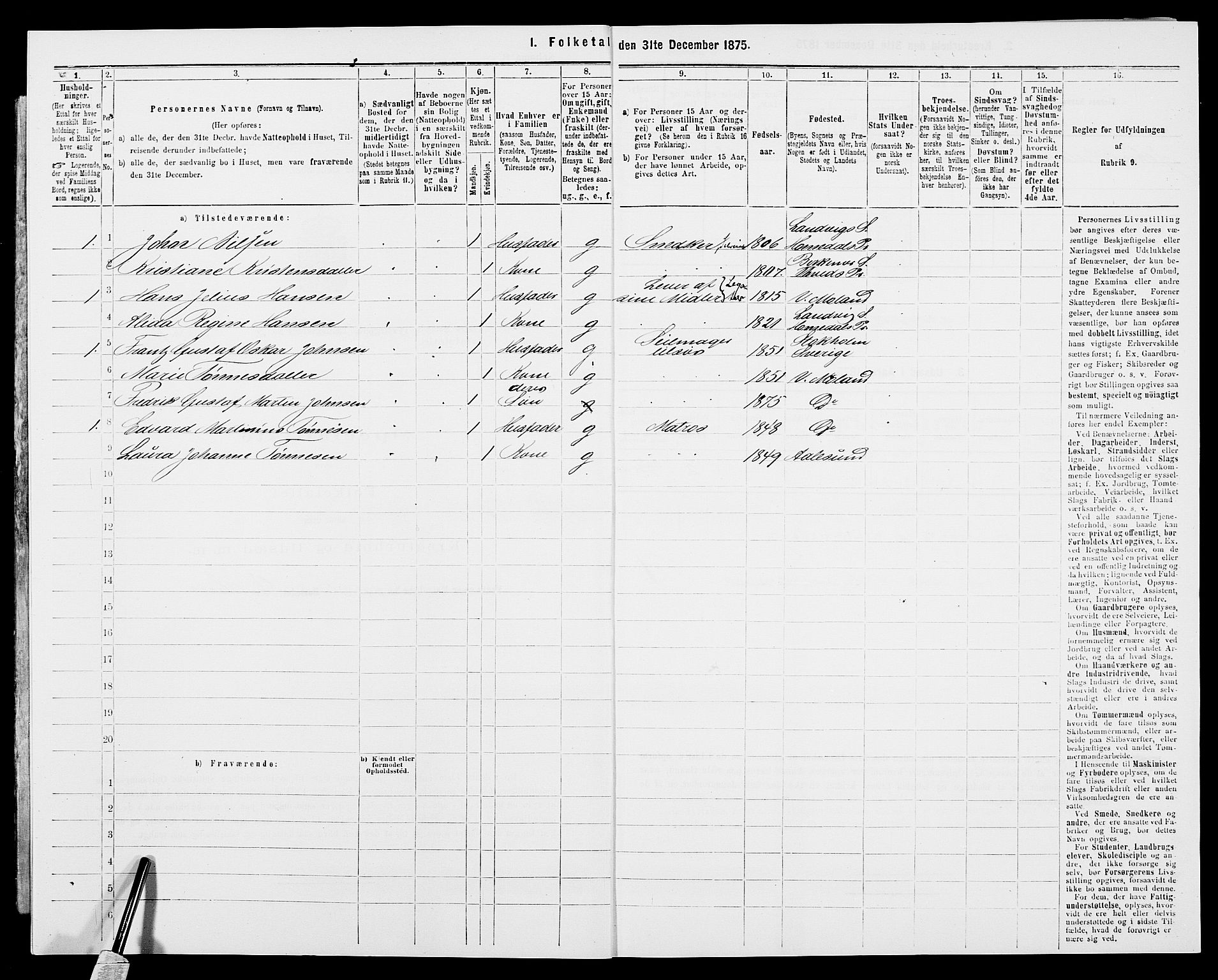 SAK, 1875 census for 0926L Vestre Moland/Vestre Moland, 1875, p. 393