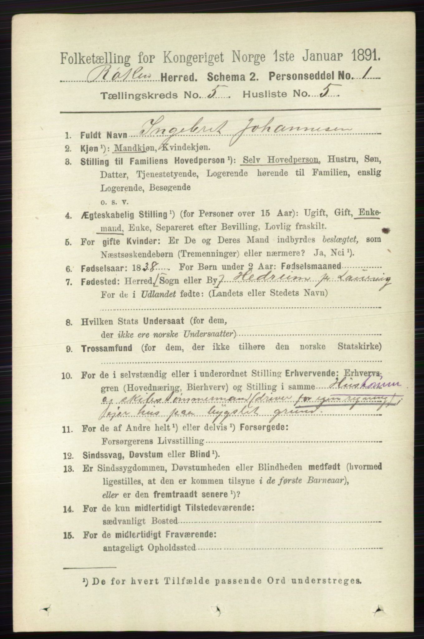 RA, 1891 census for 0627 Røyken, 1891, p. 2903