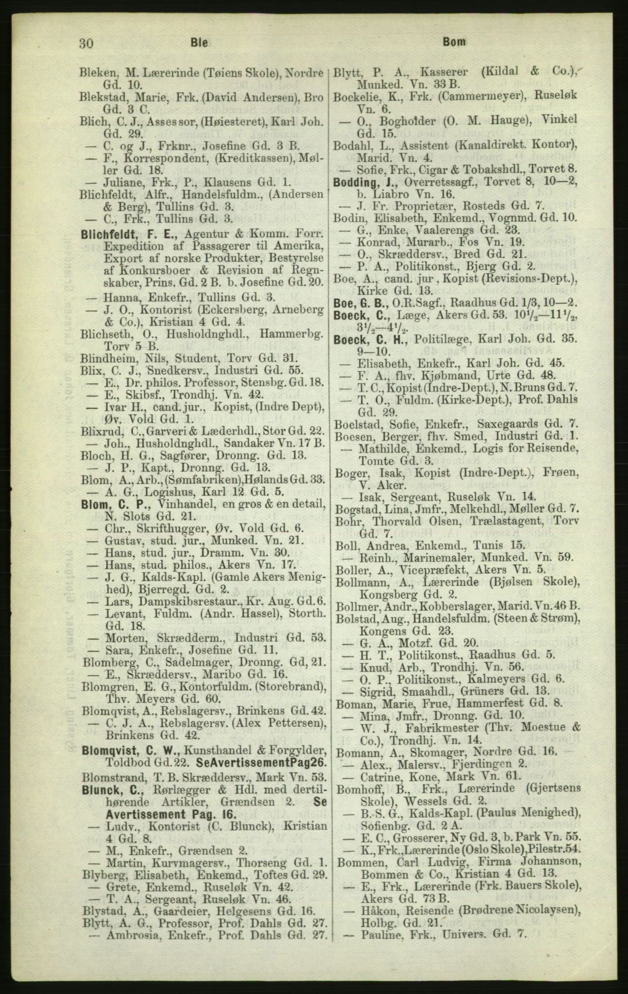 Kristiania/Oslo adressebok, PUBL/-, 1882, p. 30