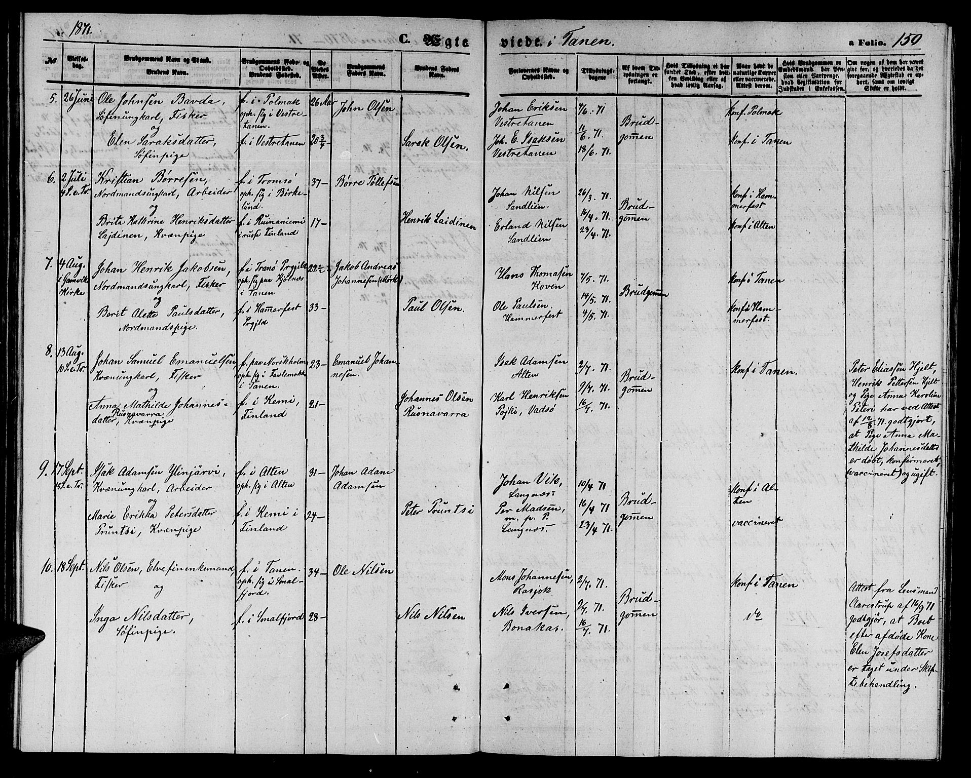 Tana sokneprestkontor, AV/SATØ-S-1334/H/Hb/L0002klokker: Parish register (copy) no. 2 /1, 1866-1877, p. 150