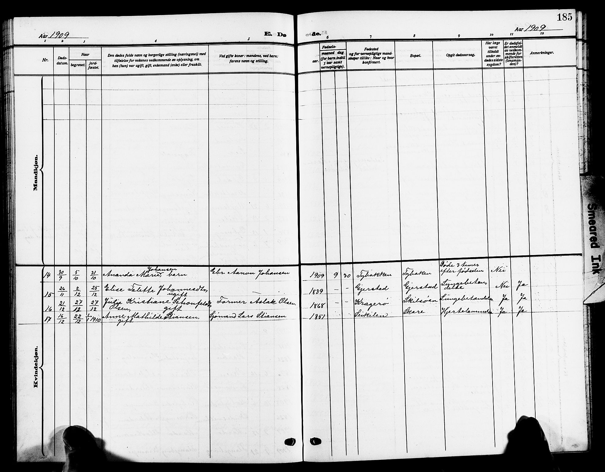 Tromøy sokneprestkontor, SAK/1111-0041/F/Fb/L0007: Parish register (copy) no. B 7, 1908-1925, p. 185