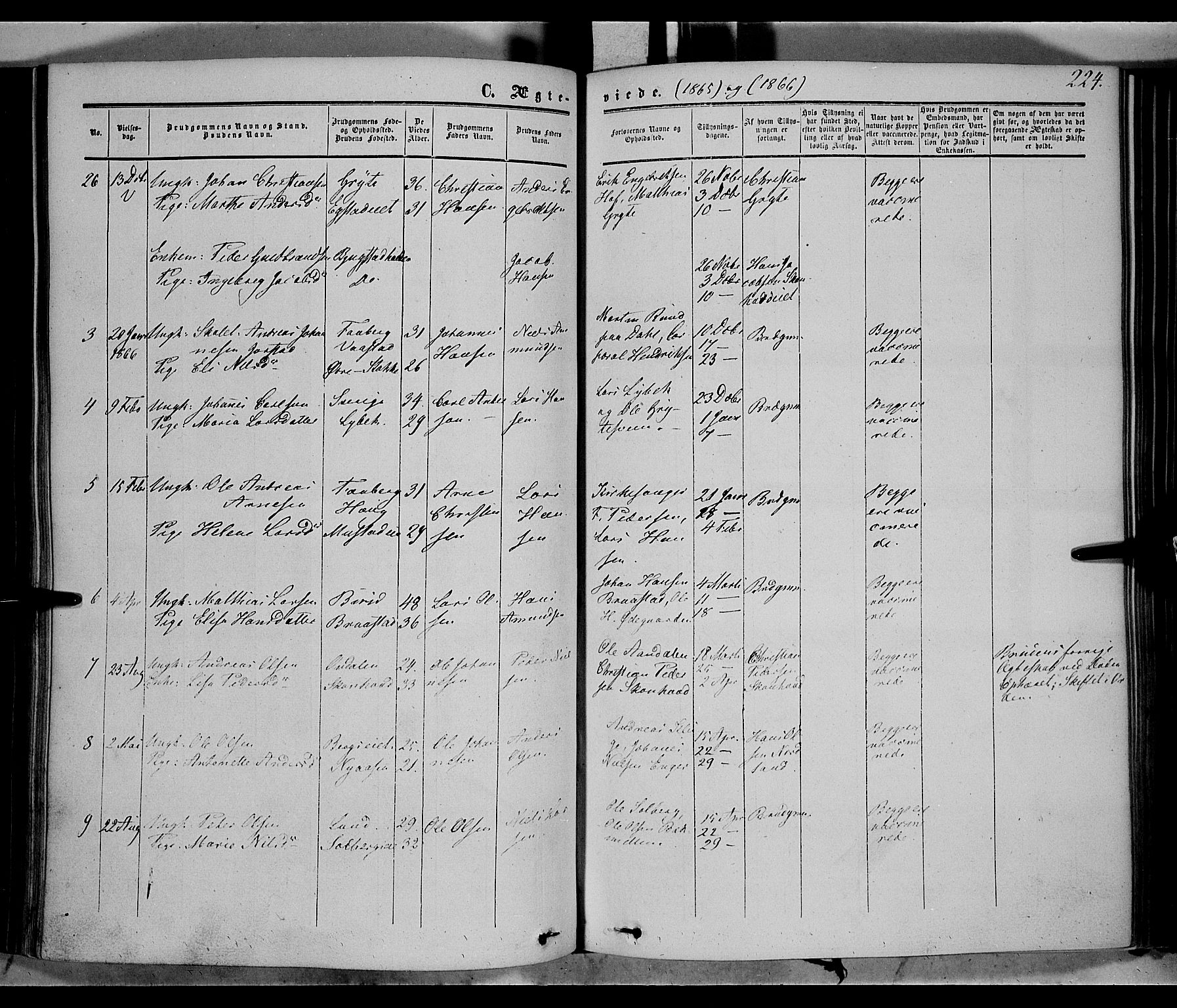 Vardal prestekontor, SAH/PREST-100/H/Ha/Haa/L0006: Parish register (official) no. 6, 1854-1866, p. 224