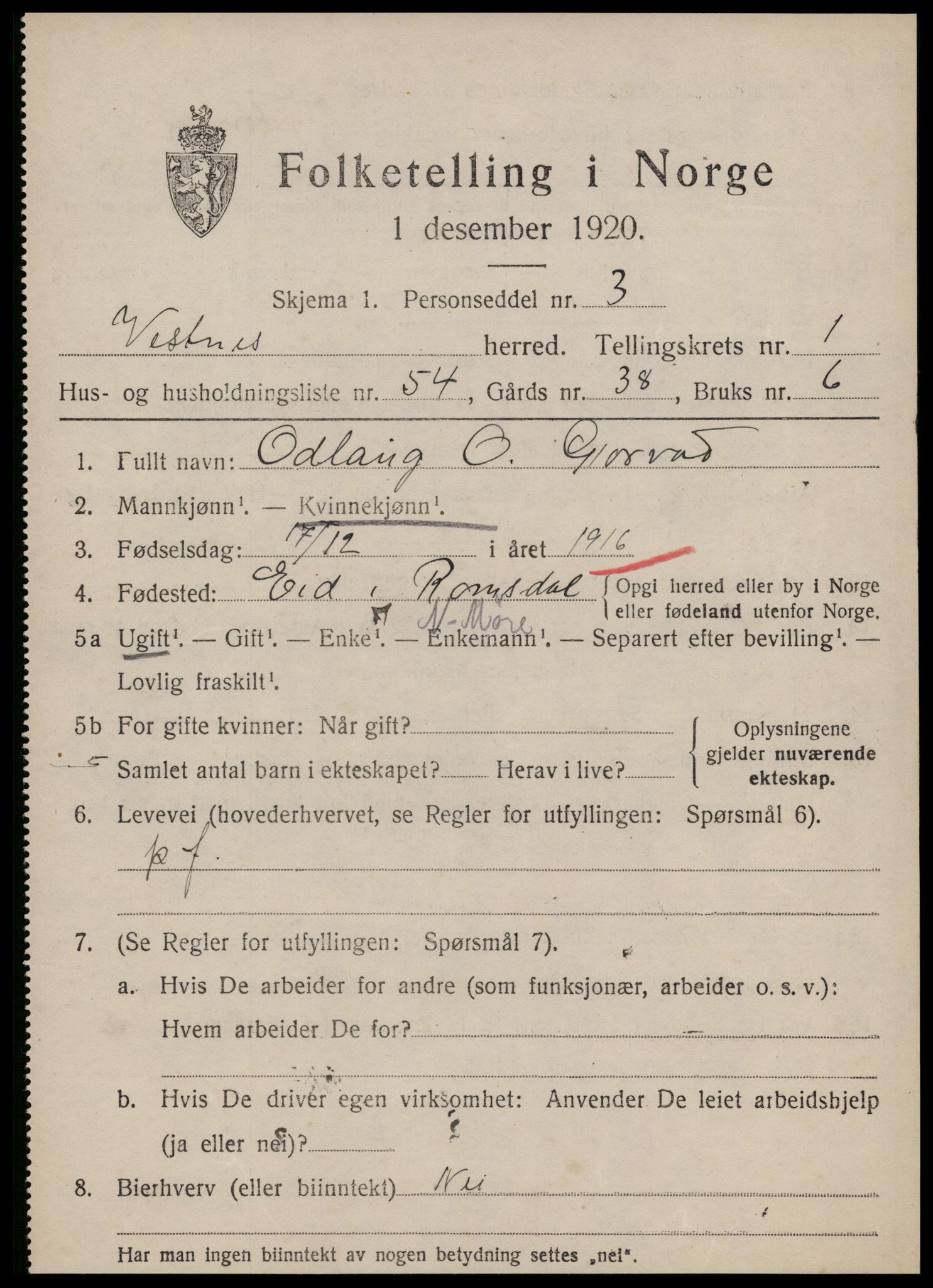 SAT, 1920 census for Vestnes, 1920, p. 1857