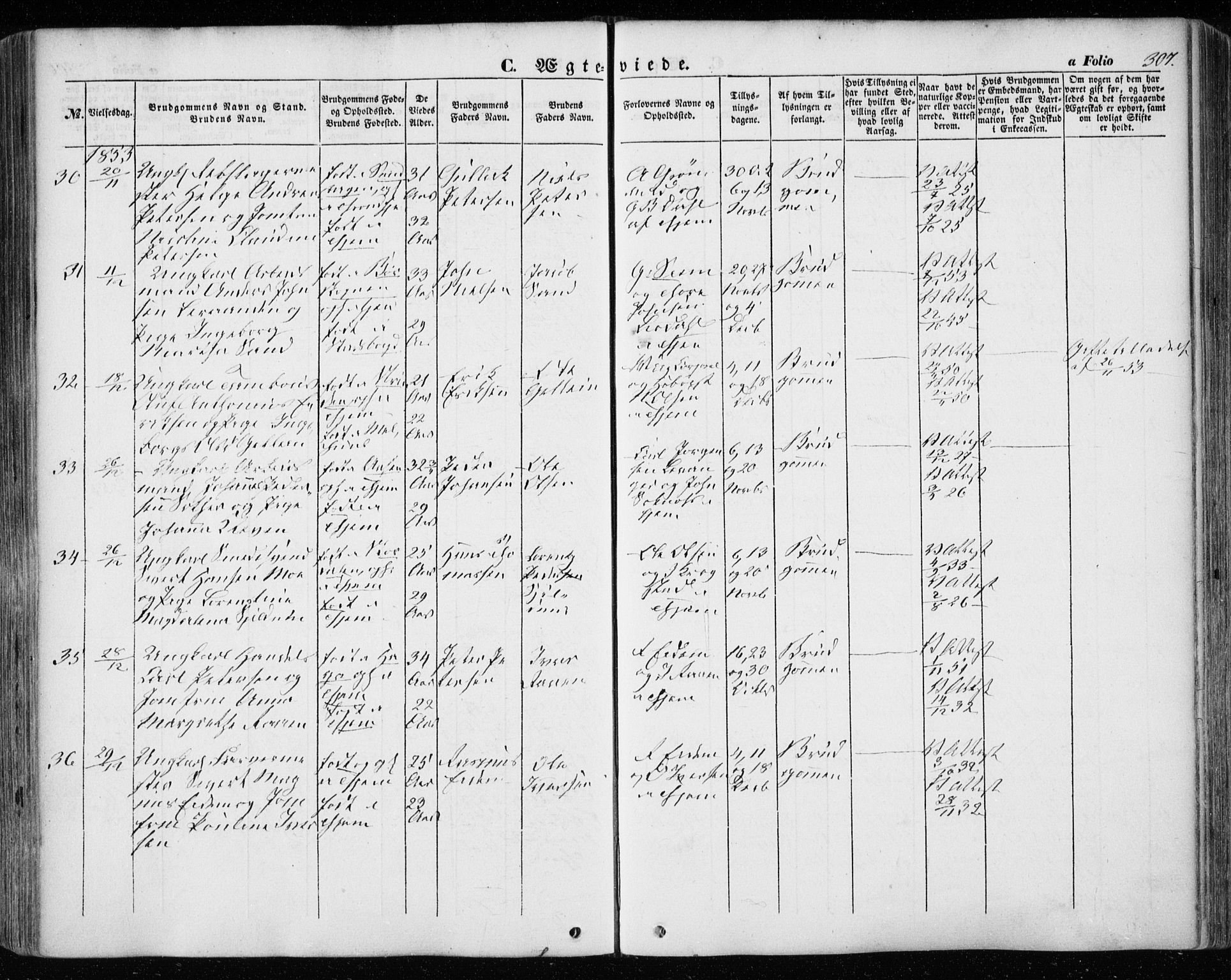 Ministerialprotokoller, klokkerbøker og fødselsregistre - Sør-Trøndelag, SAT/A-1456/601/L0051: Parish register (official) no. 601A19, 1848-1857, p. 307