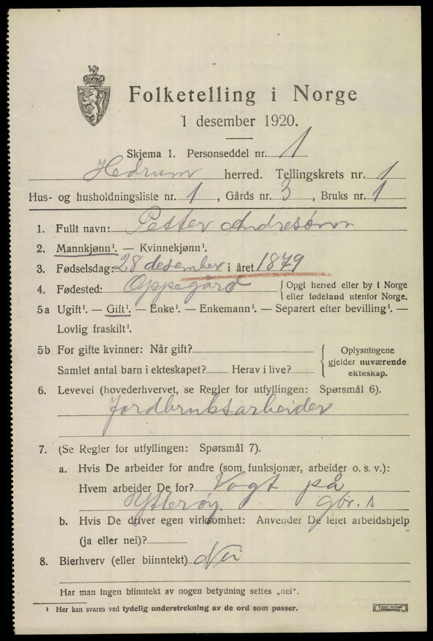 SAKO, 1920 census for Hedrum, 1920, p. 1787