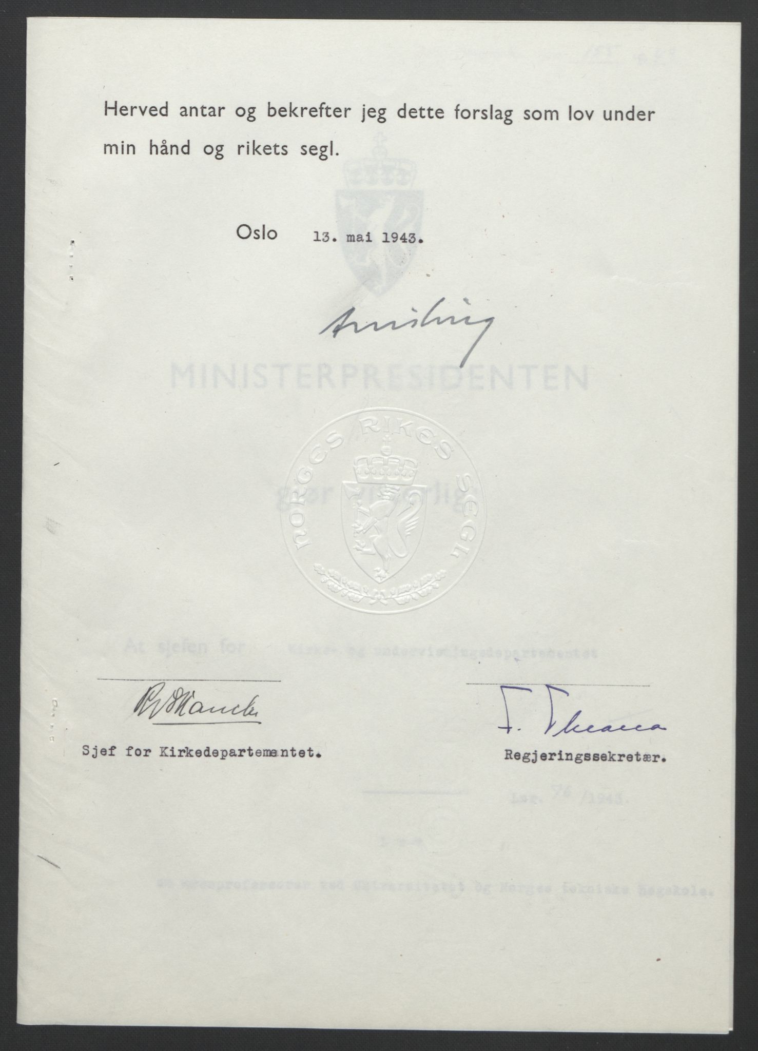 NS-administrasjonen 1940-1945 (Statsrådsekretariatet, de kommisariske statsråder mm), AV/RA-S-4279/D/Db/L0099: Lover, 1943, p. 352