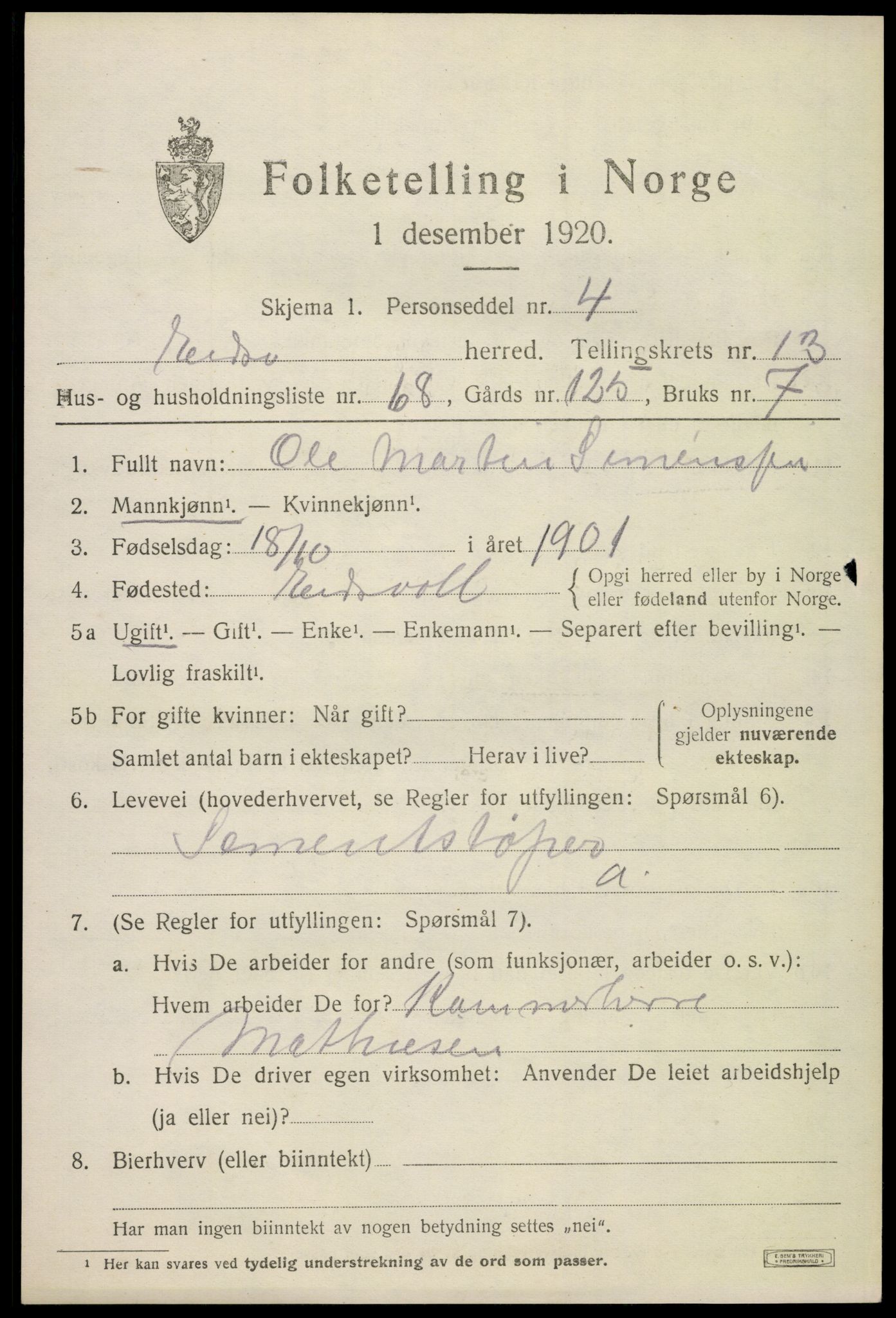 SAO, 1920 census for Eidsvoll, 1920, p. 20743