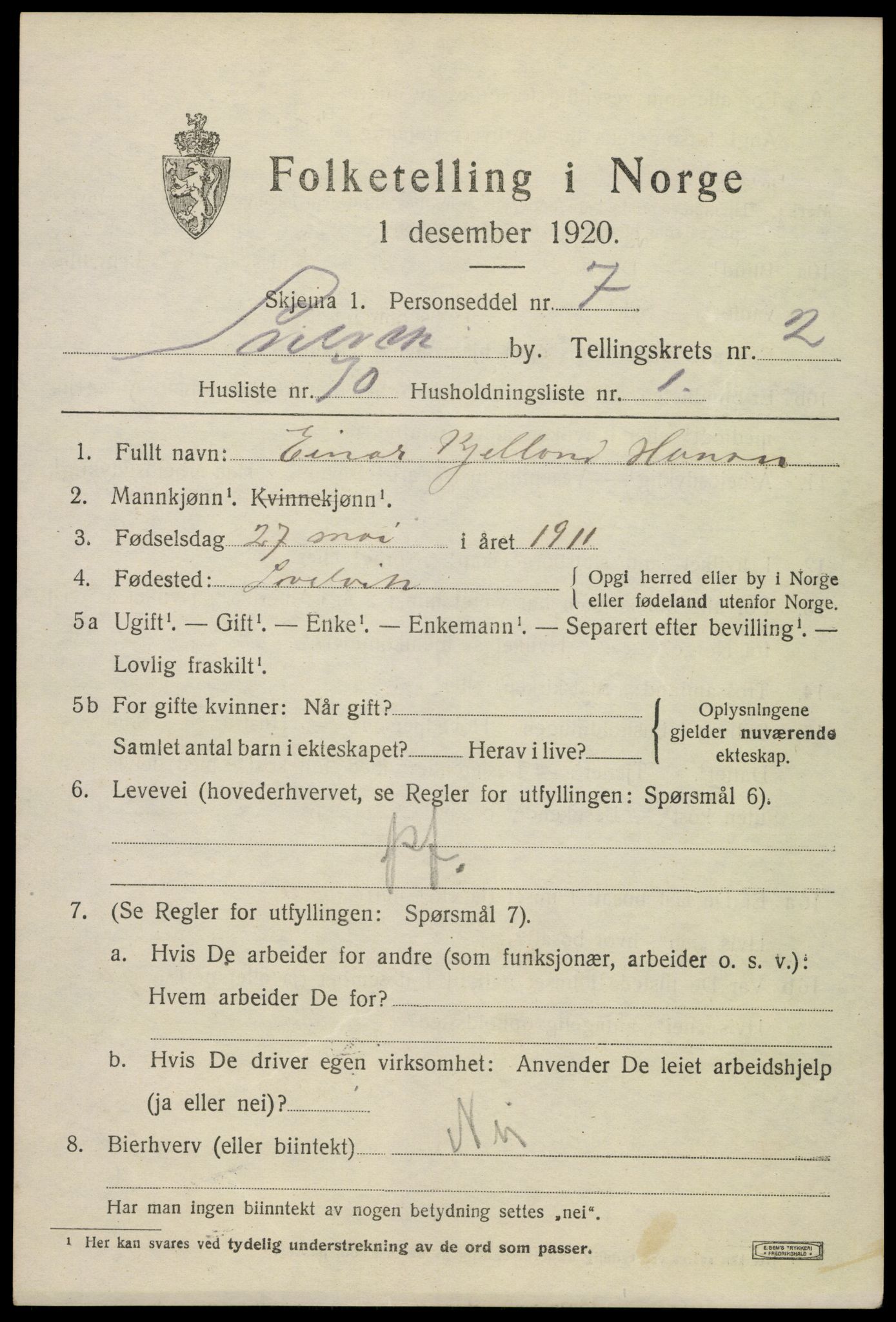SAKO, 1920 census for Svelvik, 1920, p. 3125