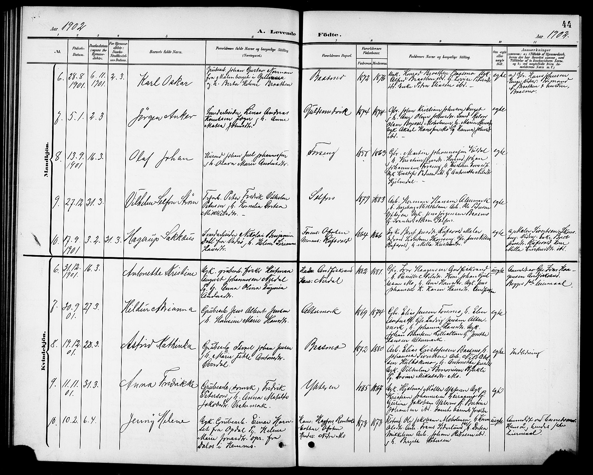 Ministerialprotokoller, klokkerbøker og fødselsregistre - Nordland, AV/SAT-A-1459/827/L0422: Parish register (copy) no. 827C11, 1899-1912, p. 44