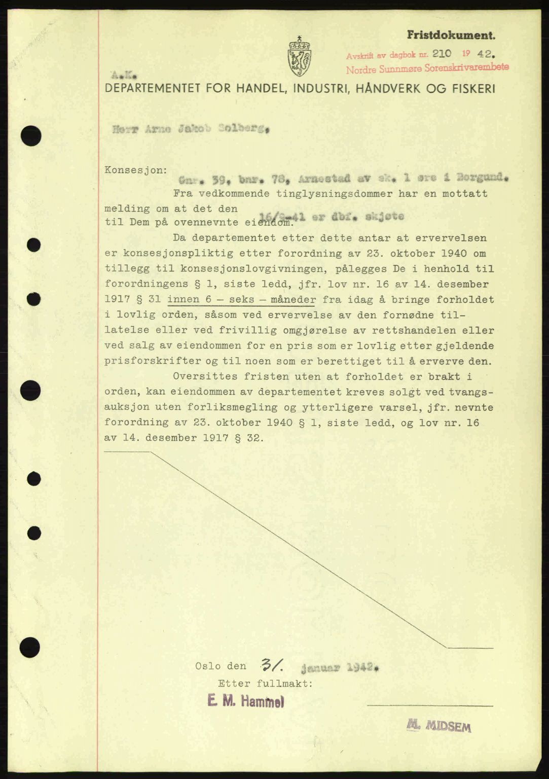 Nordre Sunnmøre sorenskriveri, SAT/A-0006/1/2/2C/2Ca: Mortgage book no. B1-6, 1938-1942, Diary no: : 210/1942
