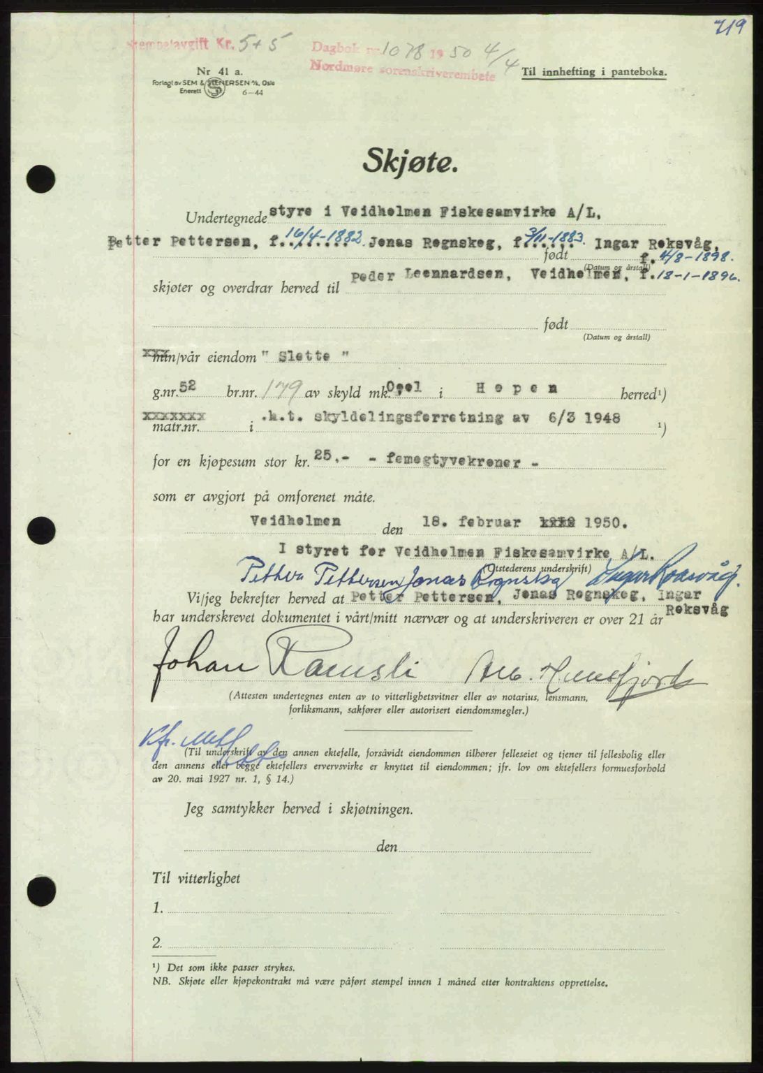 Nordmøre sorenskriveri, AV/SAT-A-4132/1/2/2Ca: Mortgage book no. A114, 1950-1950, Diary no: : 1078/1950