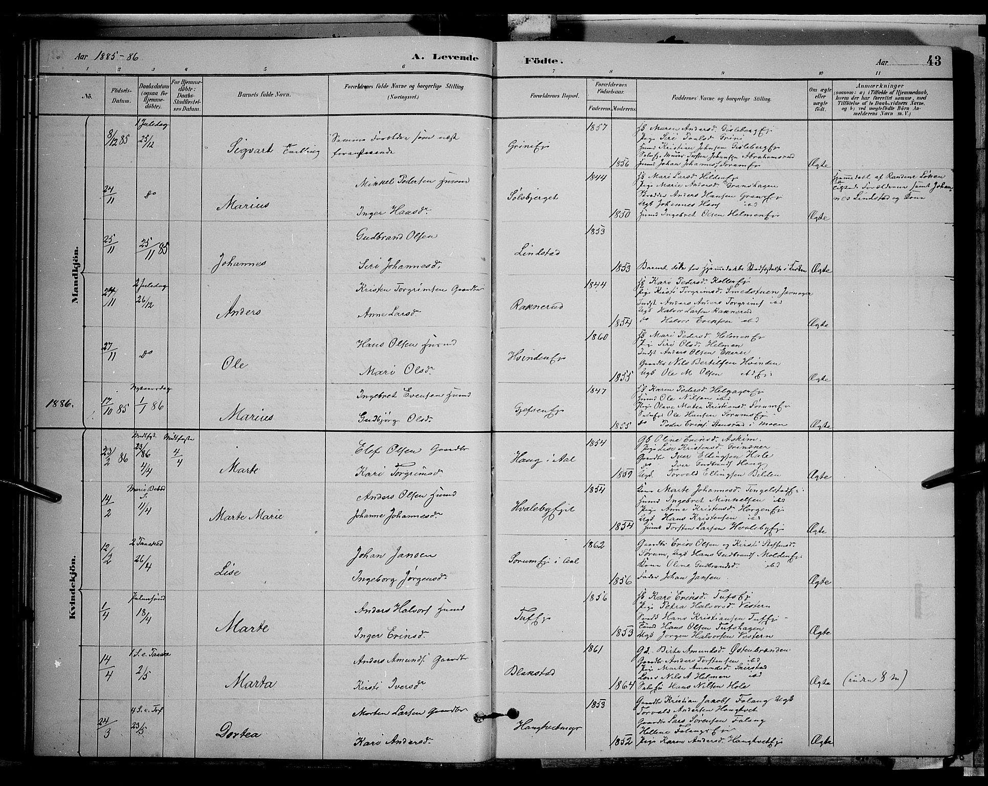 Gran prestekontor, SAH/PREST-112/H/Ha/Hab/L0002: Parish register (copy) no. 2, 1879-1892, p. 43